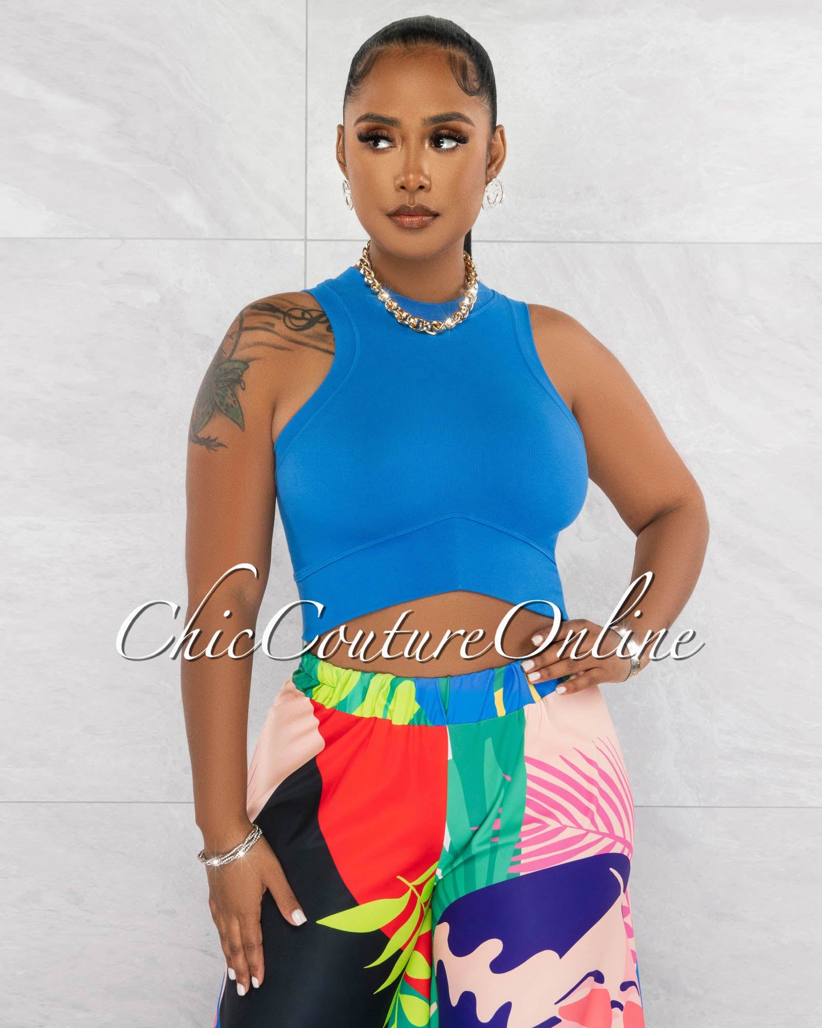 Maximo Blue Racer "V" Waist Crop Top sold by Chic Couture