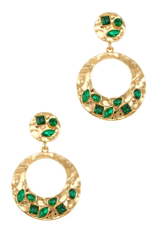 Chloe Metal Circle Dangle Earrings with Emerald Crystal Accent sold by Chic Couture