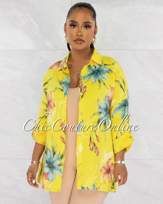 *Redia Yellow Floral Print Over-Sized Linen Shirt sold by Chic Couture