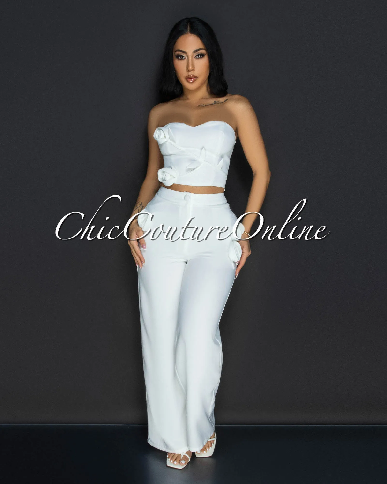 Paolina White Flower Accent Top & Pants Set sold by Chic Couture