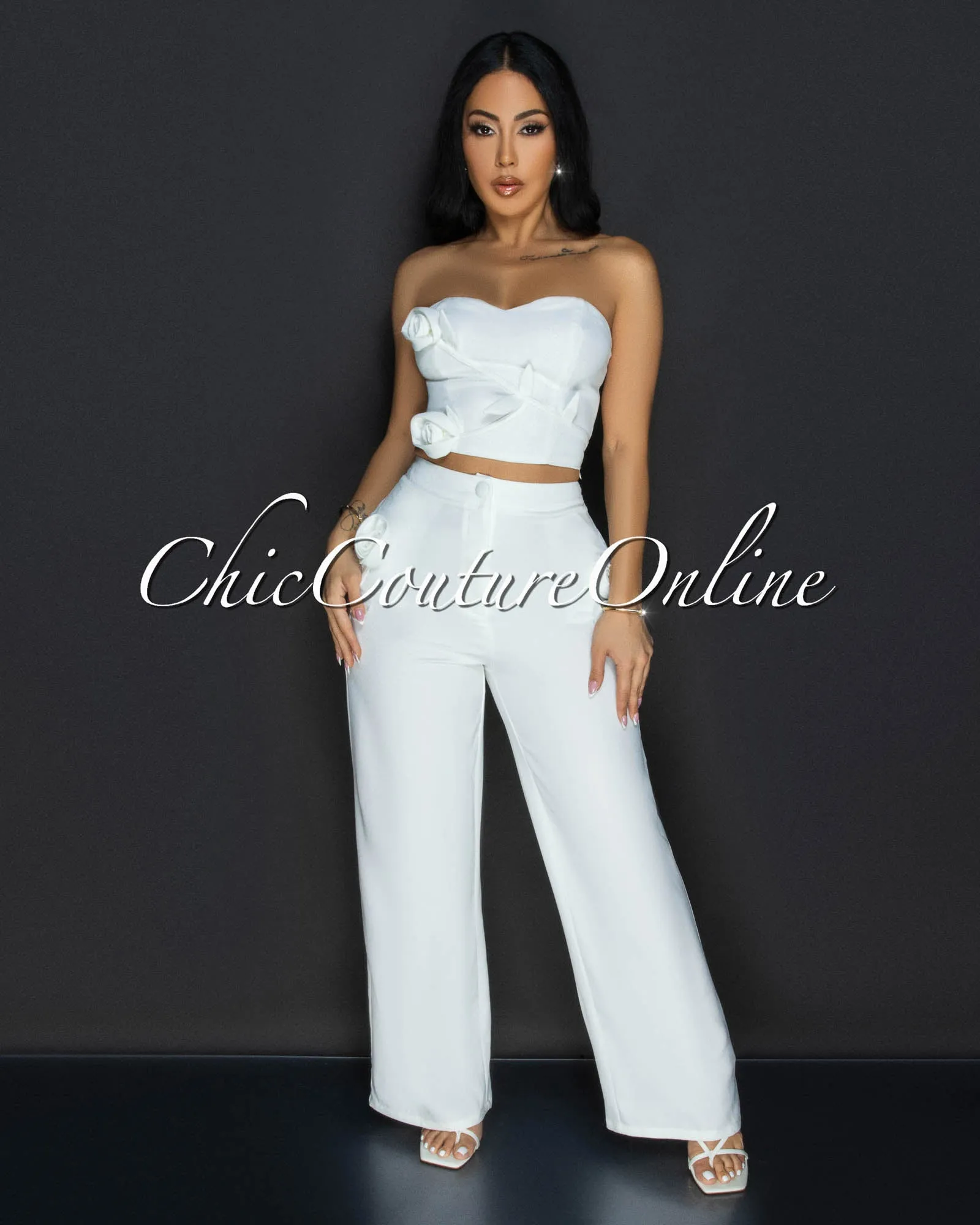 Paolina White Flower Accent Top & Pants Set sold by Chic Couture product image thumbnail 2