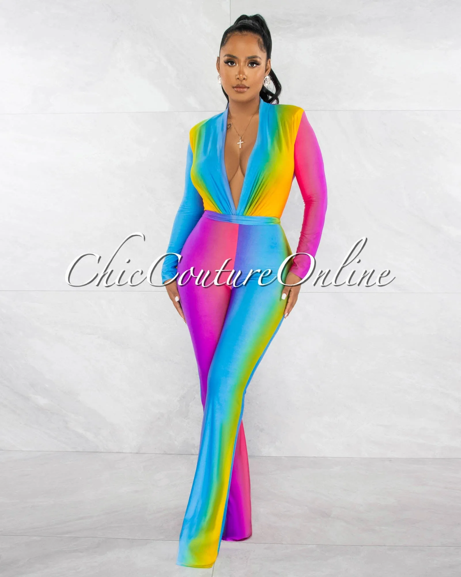 *Cecilia Rainbow Multi-Color Ombre Deep V-Neck Jumpsuit sold by Chic Couture product image thumbnail 3