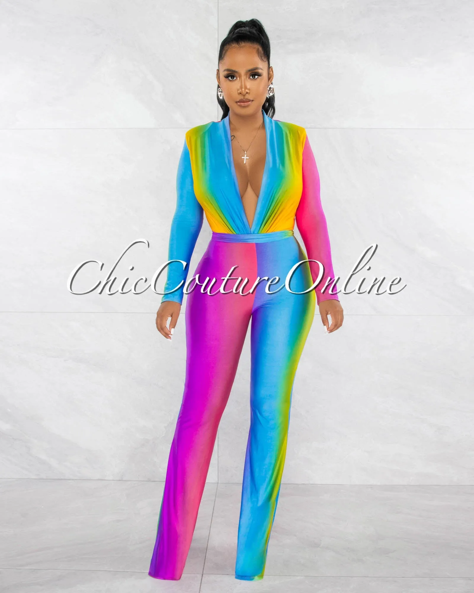 *Cecilia Rainbow Multi-Color Ombre Deep V-Neck Jumpsuit sold by Chic Couture