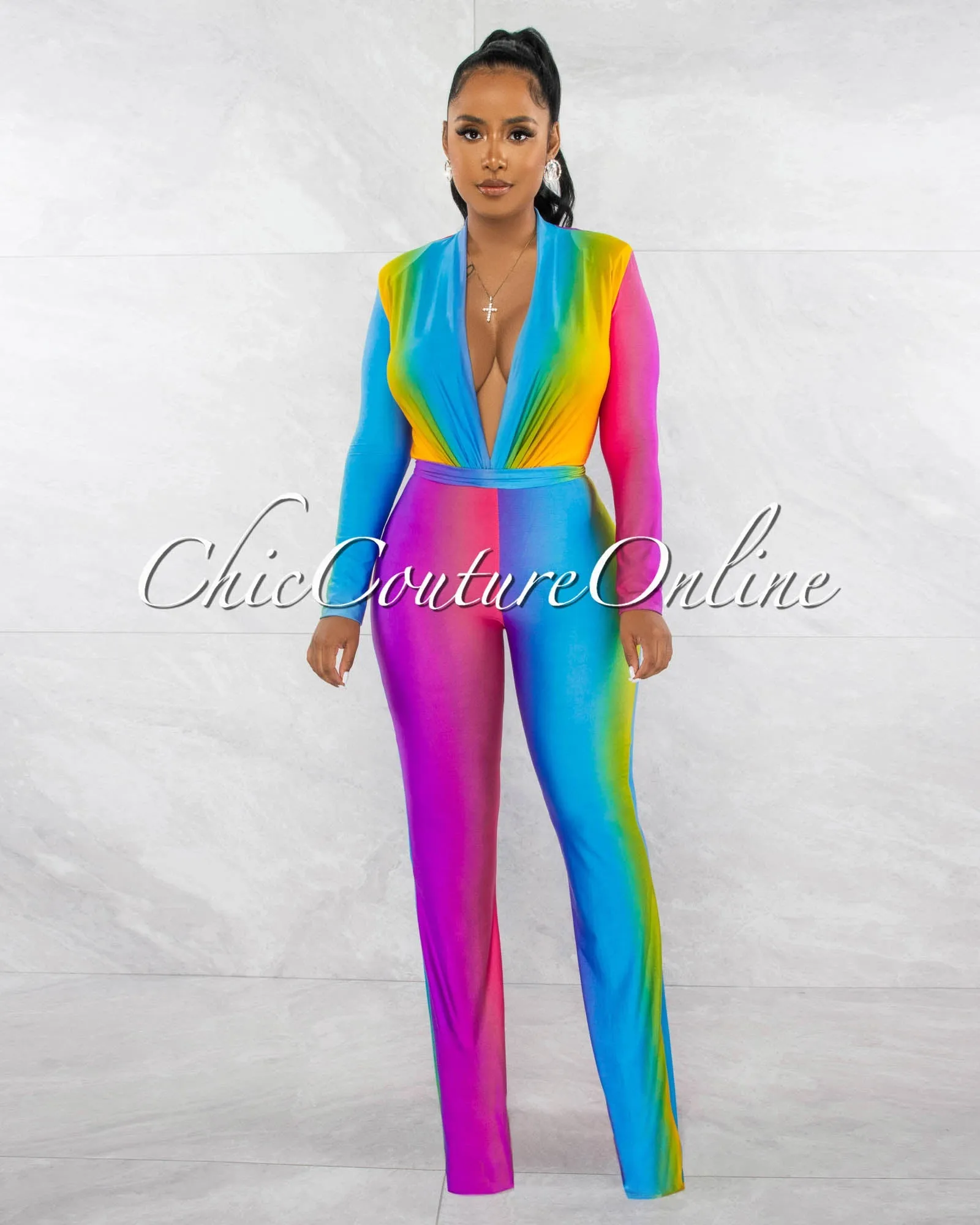 *Cecilia Rainbow Multi-Color Ombre Deep V-Neck Jumpsuit sold by Chic Couture product image thumbnail 2