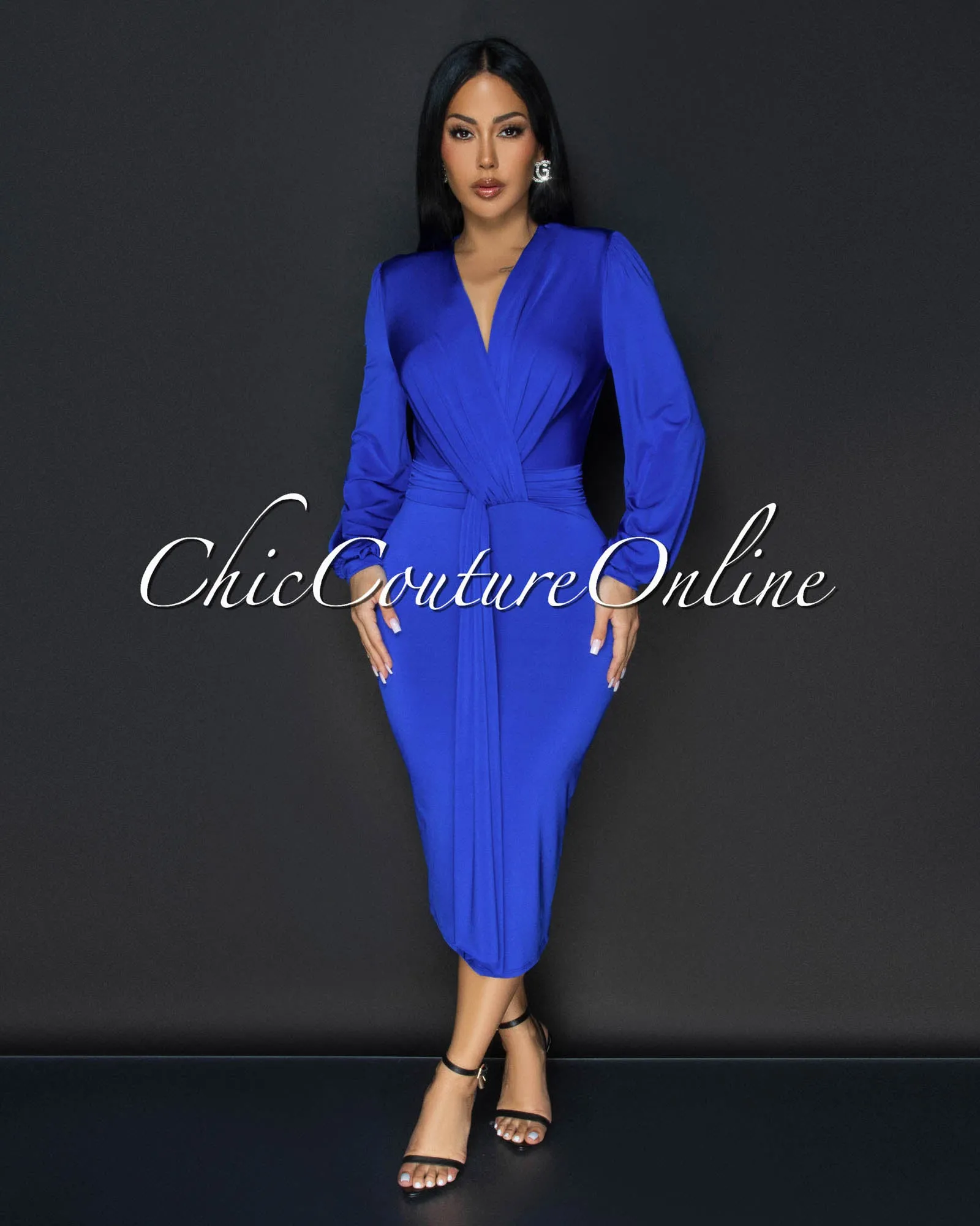 Sabatini Royal-Blue Knotted Front Midi Dress sold by Chic Couture