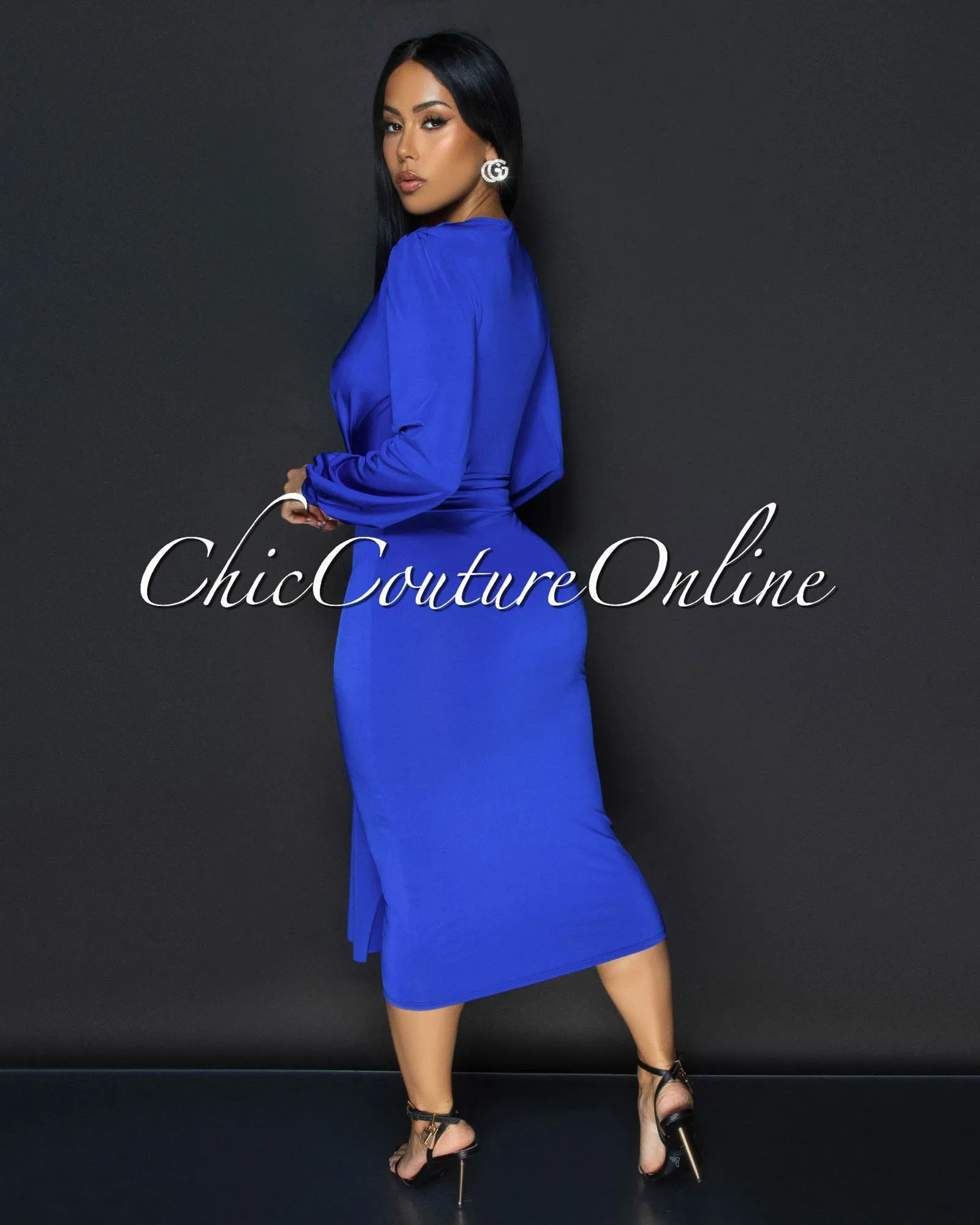 Sabatini Royal-Blue Knotted Front Midi Dress sold by Chic Couture product image thumbnail 4