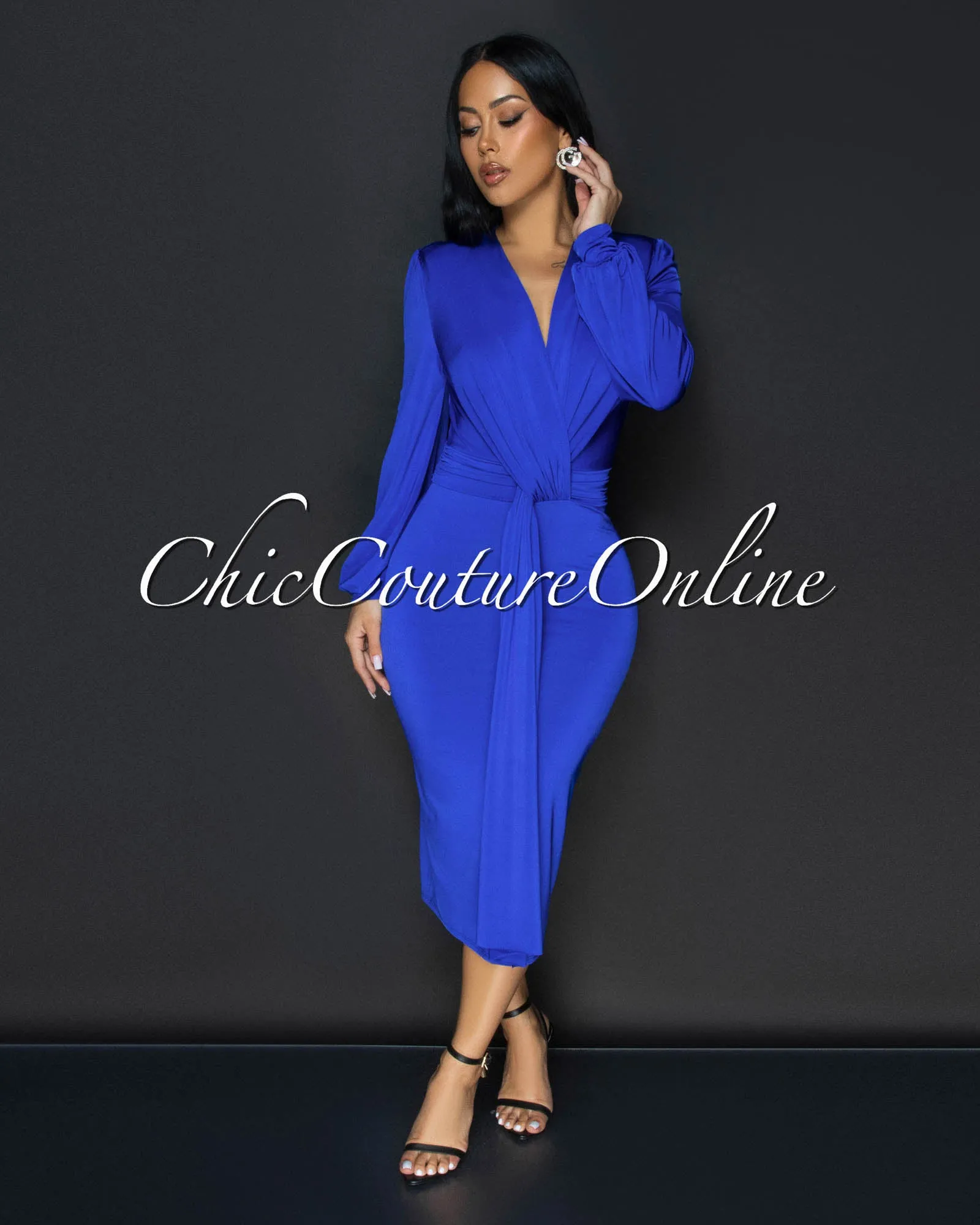 Sabatini Royal-Blue Knotted Front Midi Dress sold by Chic Couture product image thumbnail 2