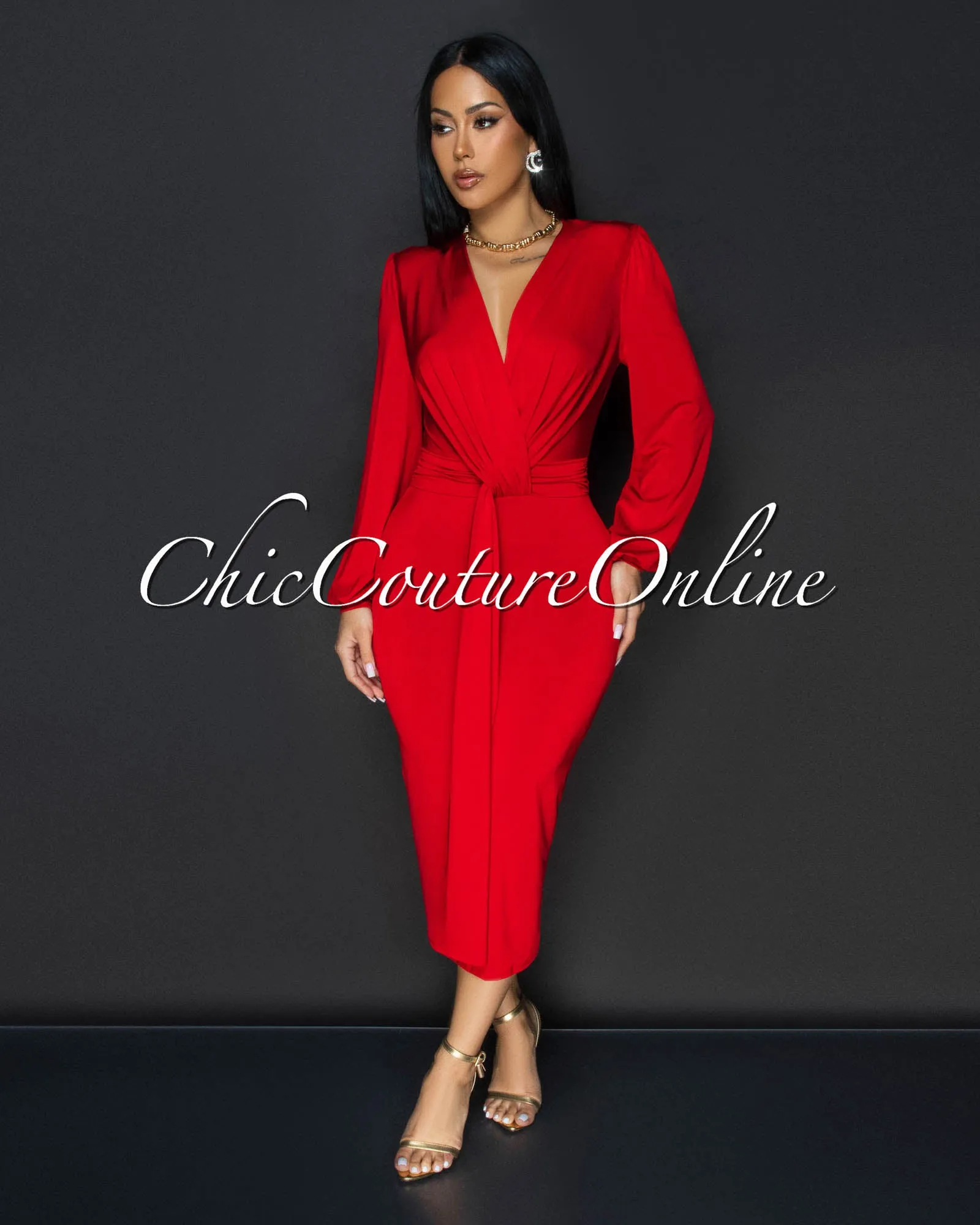 Sabatini Red Knotted Front Midi Dress sold by Chic Couture product image thumbnail 2