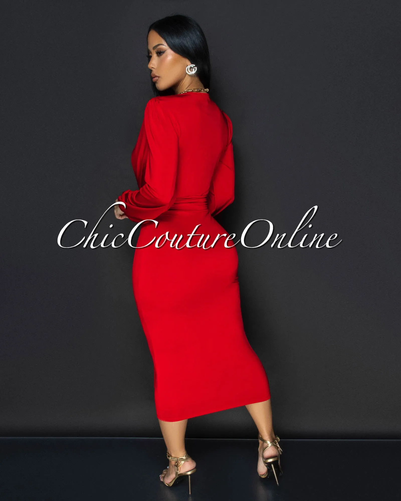 Sabatini Red Knotted Front Midi Dress sold by Chic Couture product image thumbnail 4