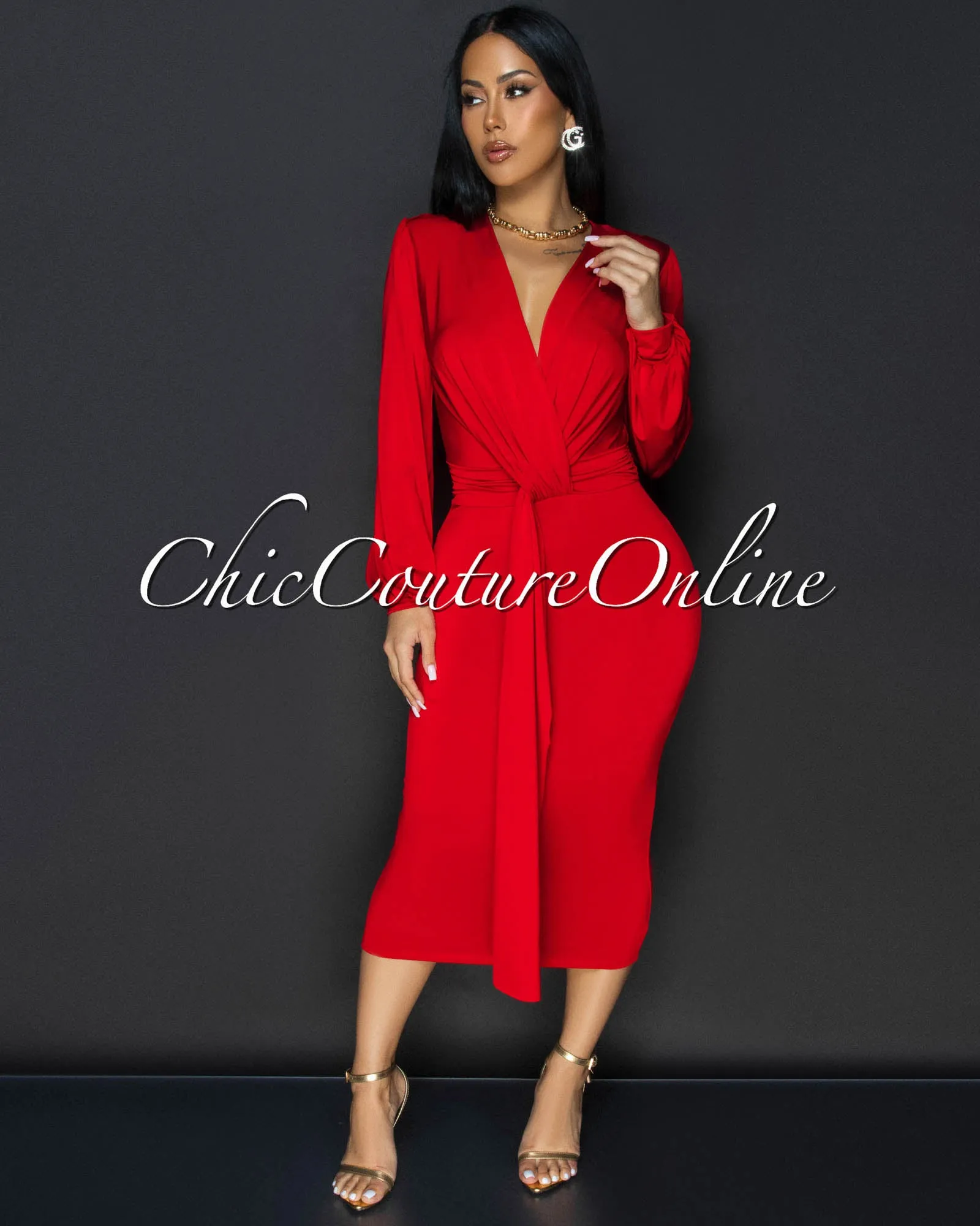Sabatini Red Knotted Front Midi Dress sold by Chic Couture product image thumbnail 3