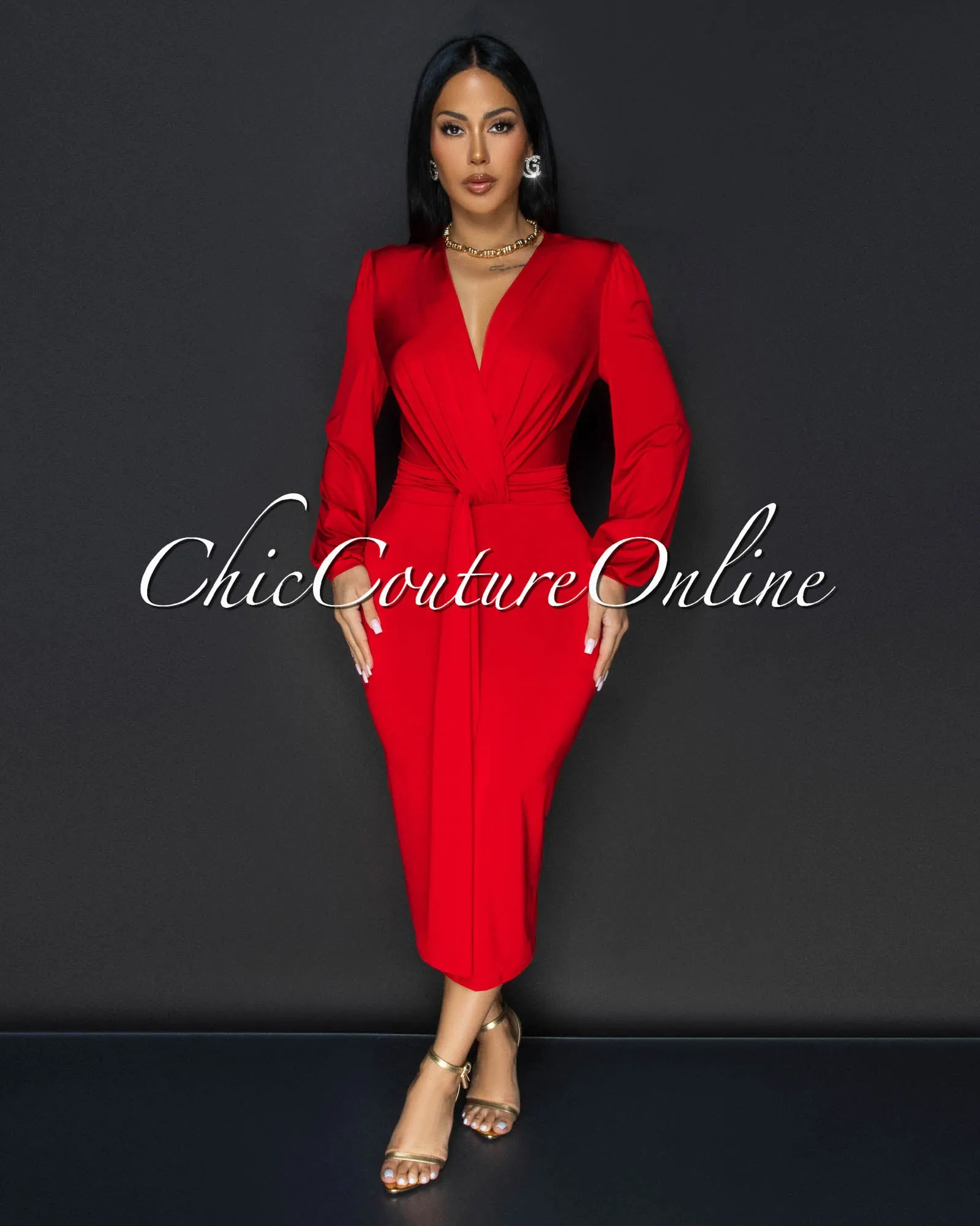 Sabatini Red Knotted Front Midi Dress sold by Chic Couture