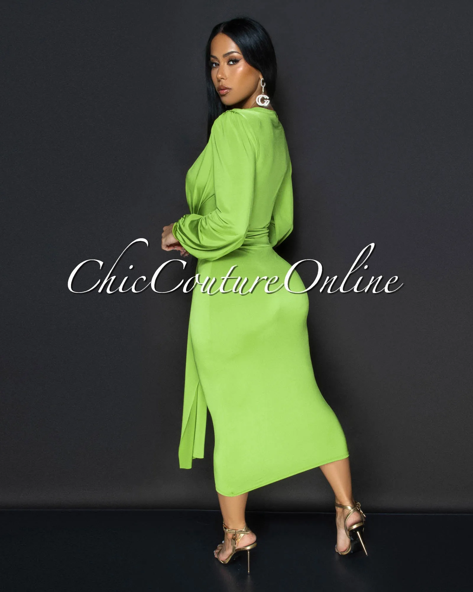 Sabatini Lime Green Knotted Front Midi Dress sold by Chic Couture product image thumbnail 4