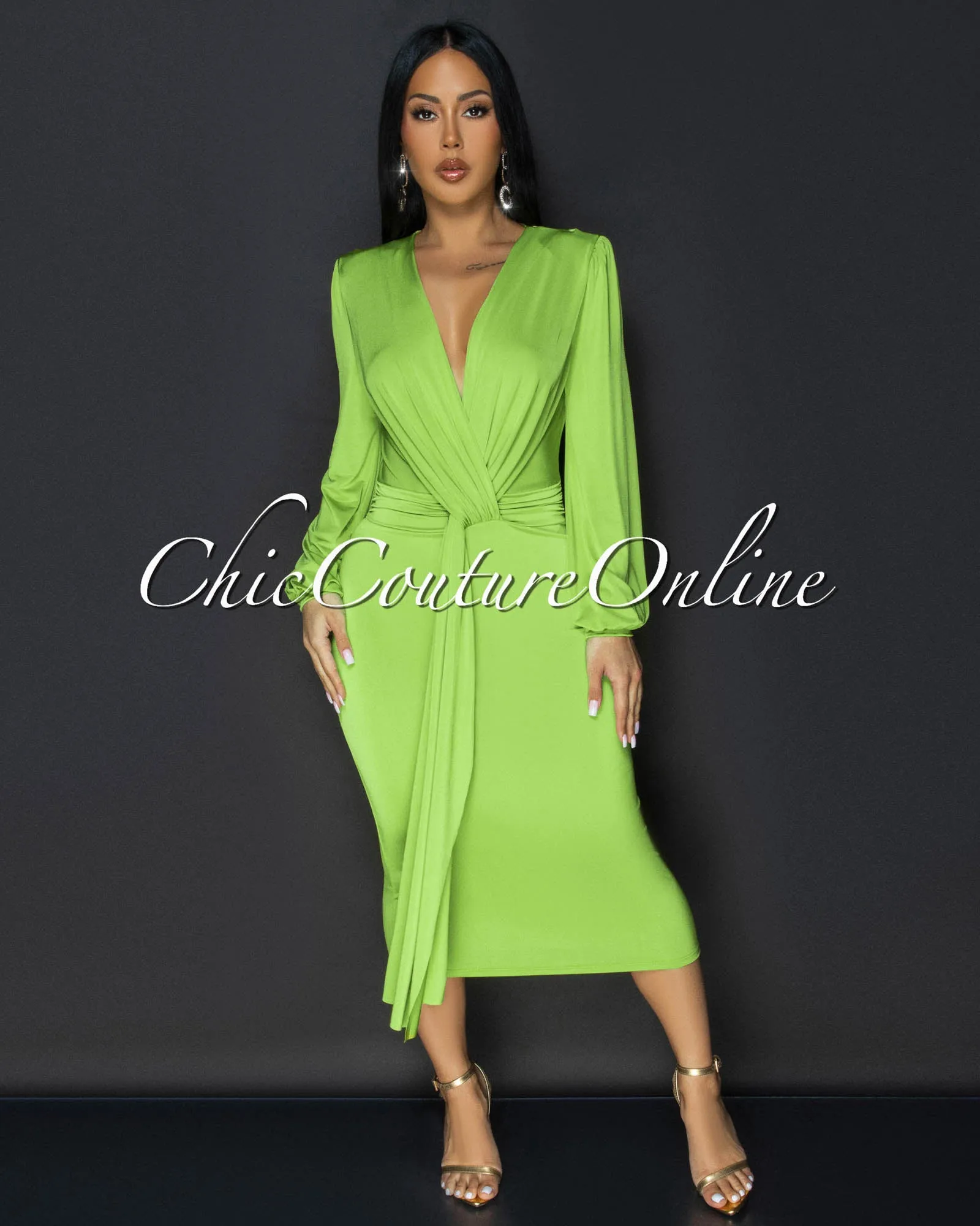 Sabatini Lime Green Knotted Front Midi Dress sold by Chic Couture product image thumbnail 3
