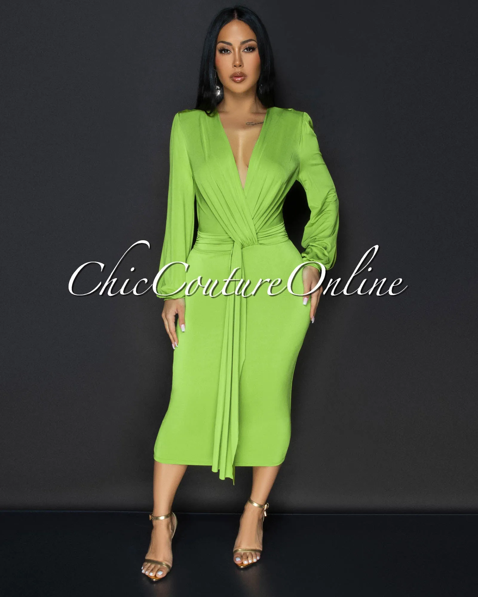Sabatini Lime Green Knotted Front Midi Dress sold by Chic Couture product image thumbnail 2