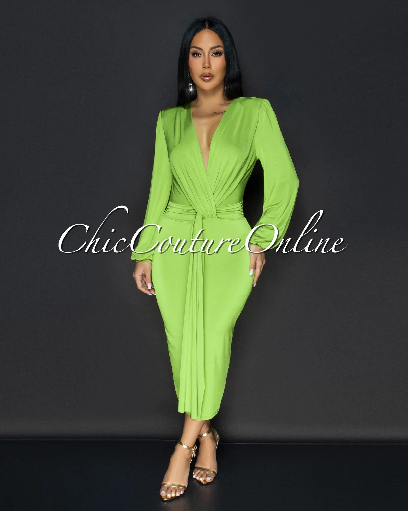 Sabatini Lime Green Knotted Front Midi Dress sold by Chic Couture