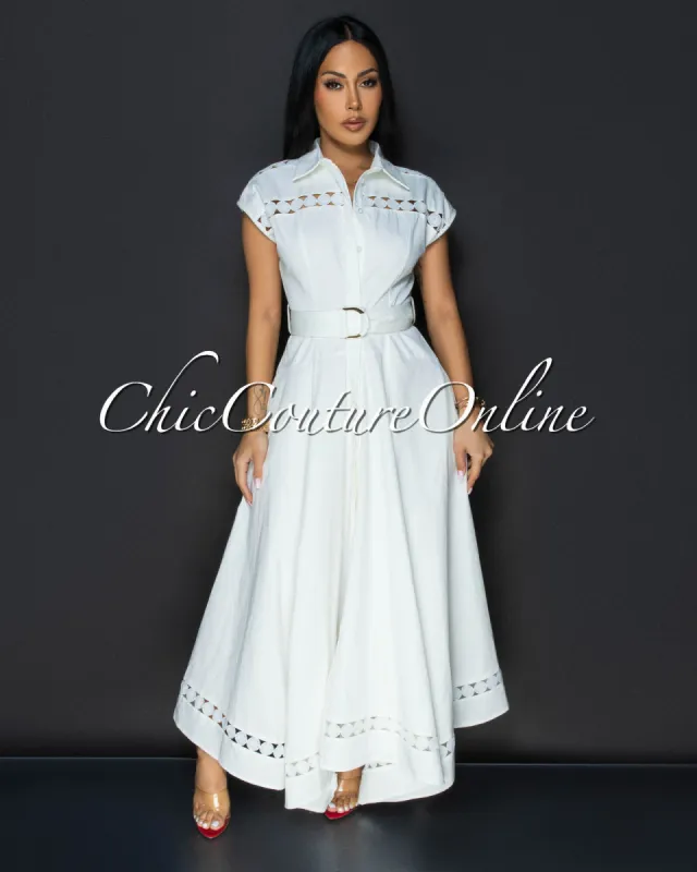 Helena Off-White Belted Luxe Maxi Dress sold by Chic Couture