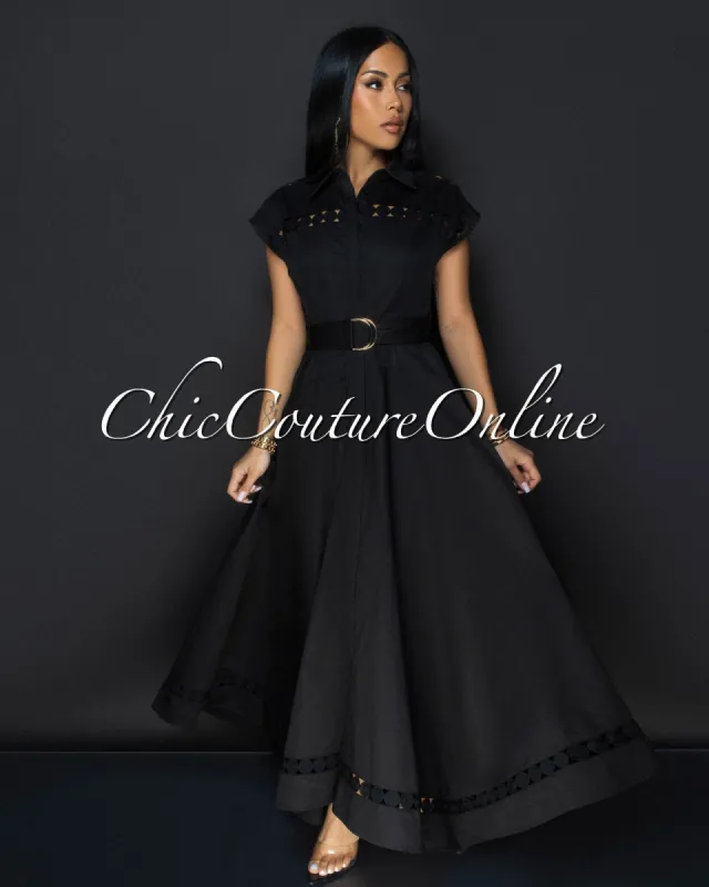 Helena Black Belted Luxe Maxi Dress sold by Chic Couture