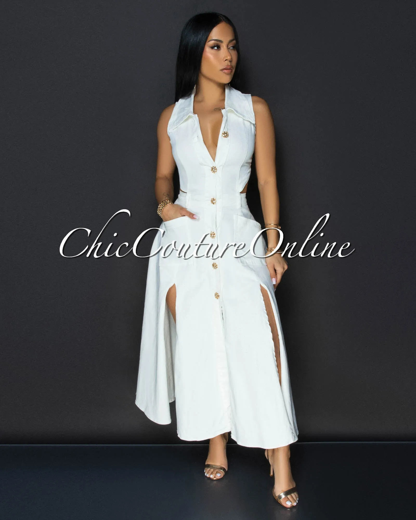 Livia Off-White Slit Skirt Midi Dress sold by Chic Couture product image thumbnail 3