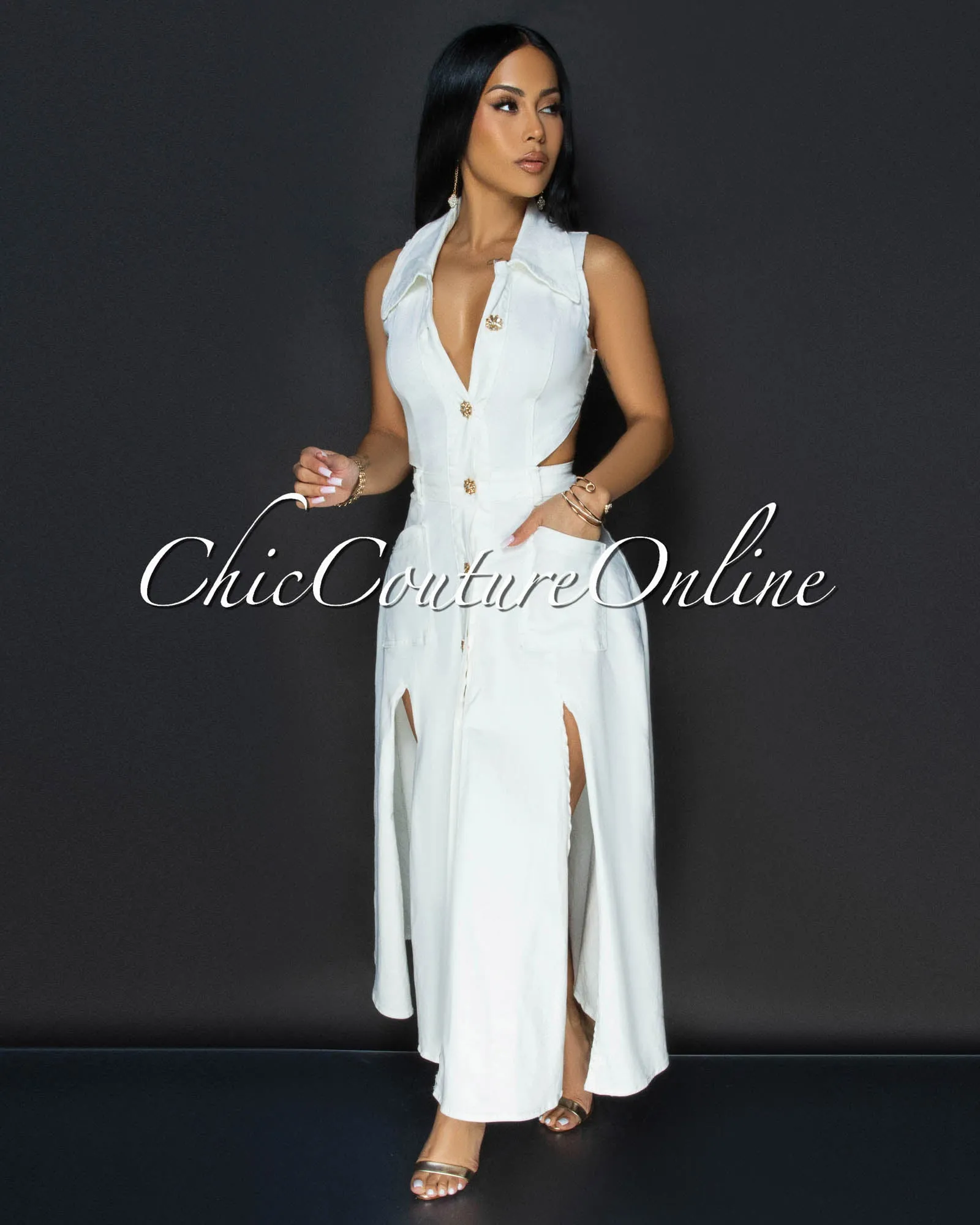 Livia Off-White Slit Skirt Midi Dress sold by Chic Couture product image thumbnail 2