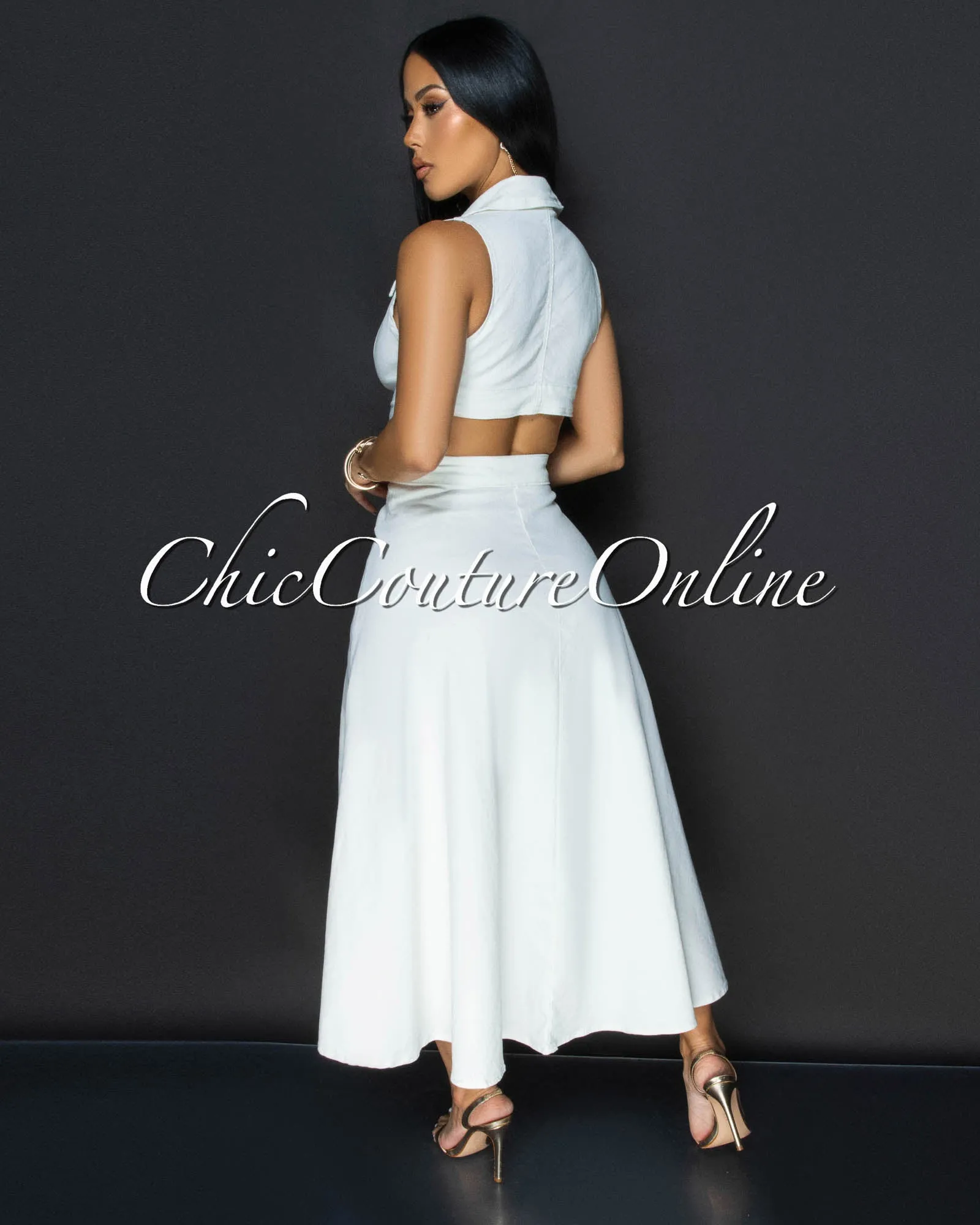 Livia Off-White Slit Skirt Midi Dress sold by Chic Couture product image thumbnail 4