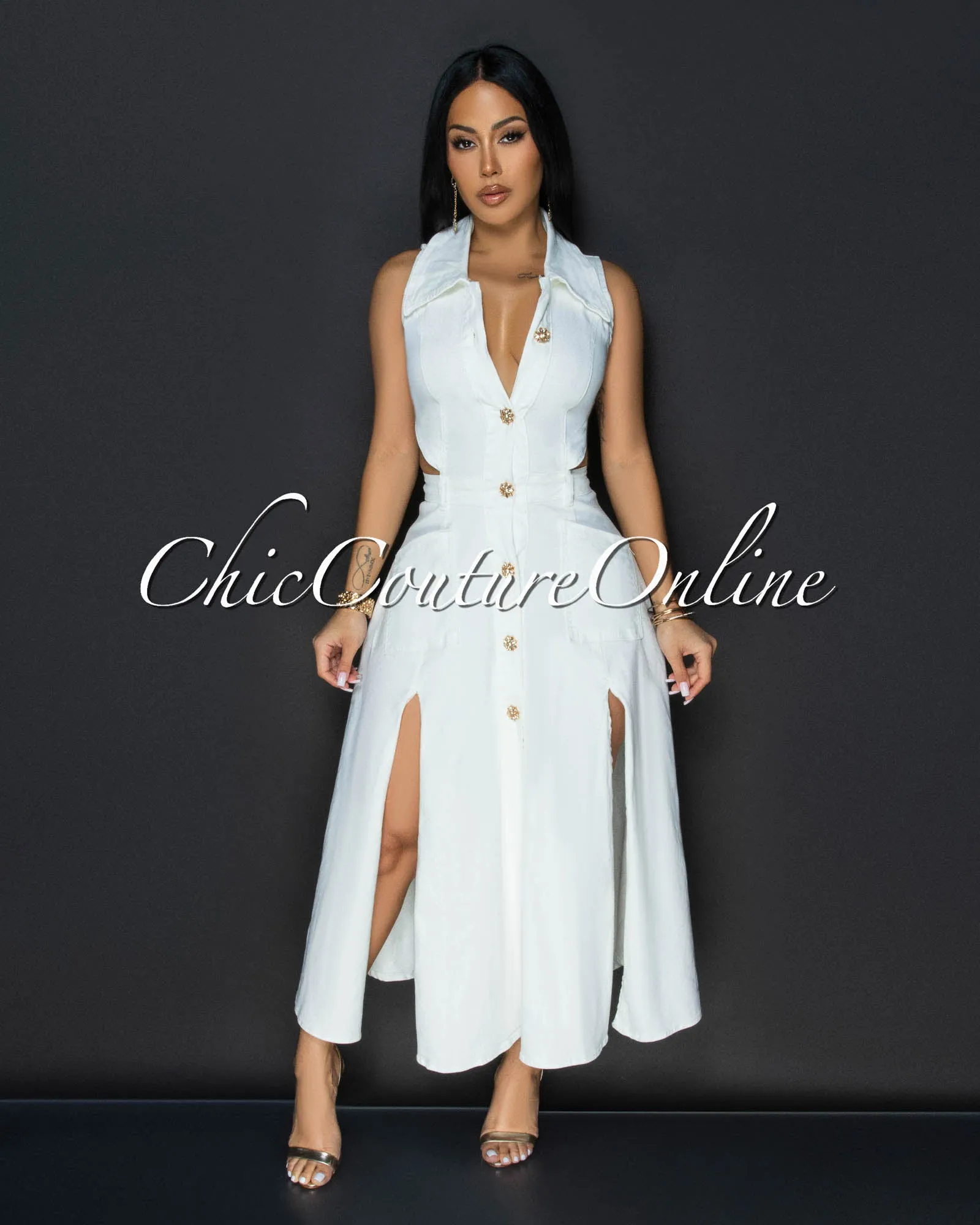 Livia Off-White Slit Skirt Midi Dress sold by Chic Couture