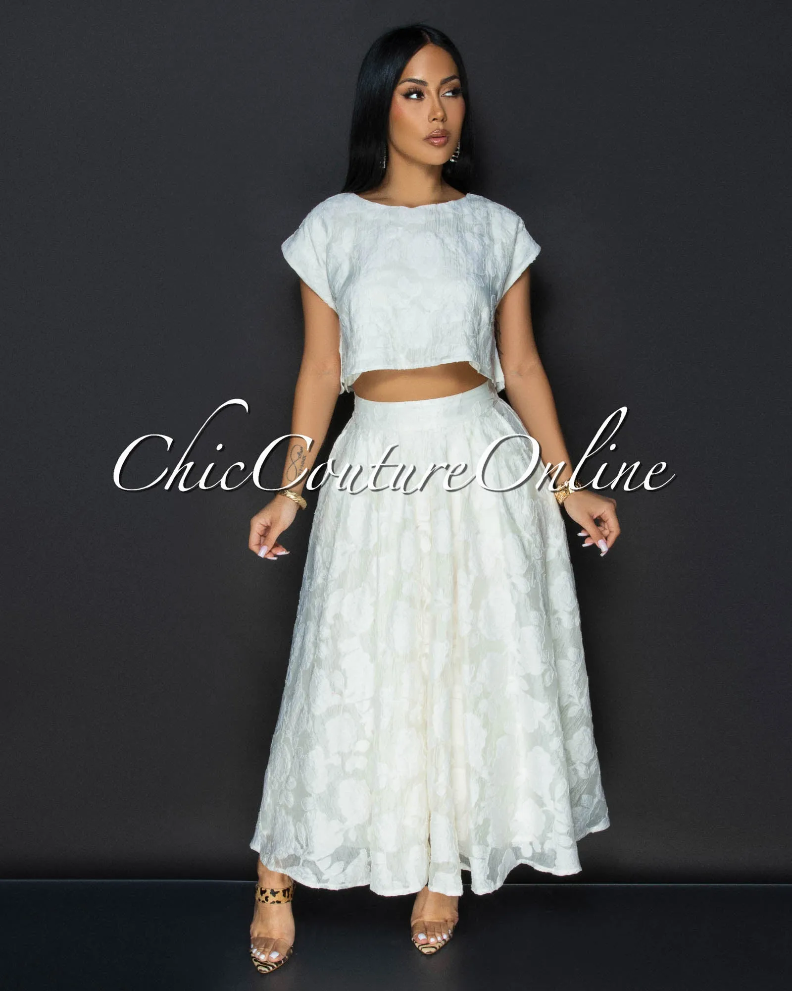 Desideria Cream Textured Crop Top & Maxi Skirt Set sold by Chic Couture product image thumbnail 2