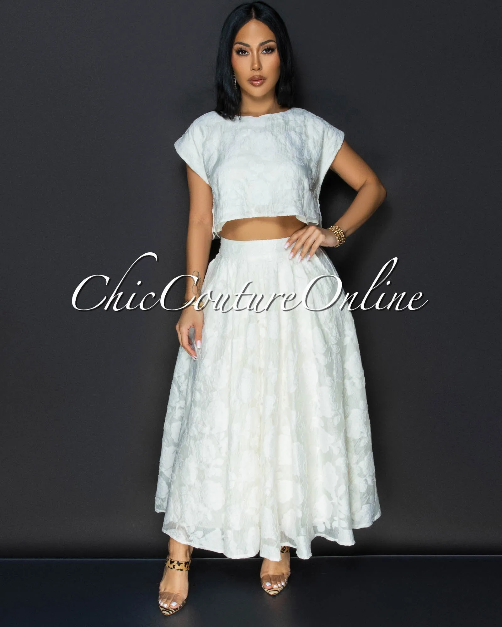 Desideria Cream Textured Crop Top & Maxi Skirt Set sold by Chic Couture