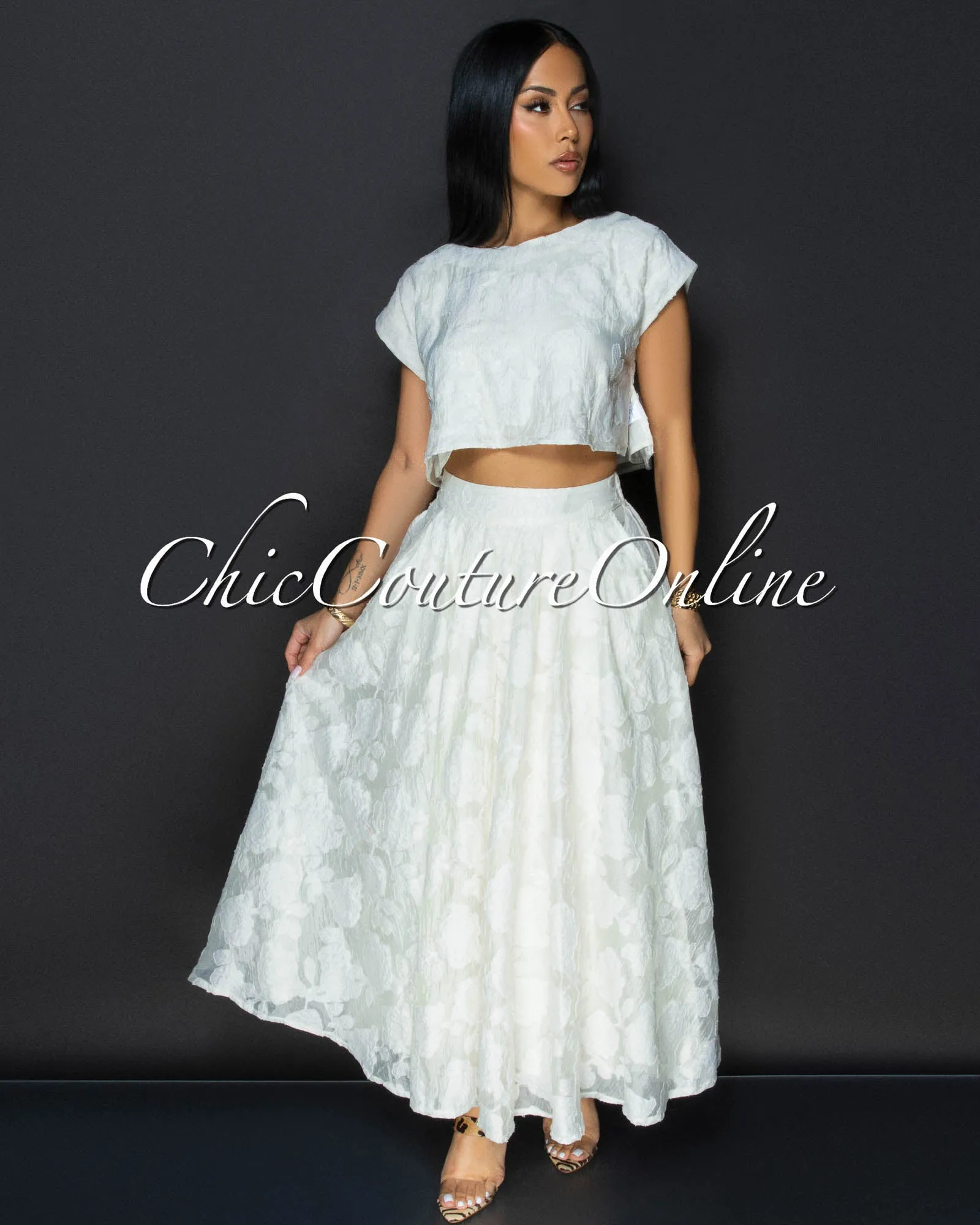 Desideria Cream Textured Crop Top & Maxi Skirt Set sold by Chic Couture product image thumbnail 3