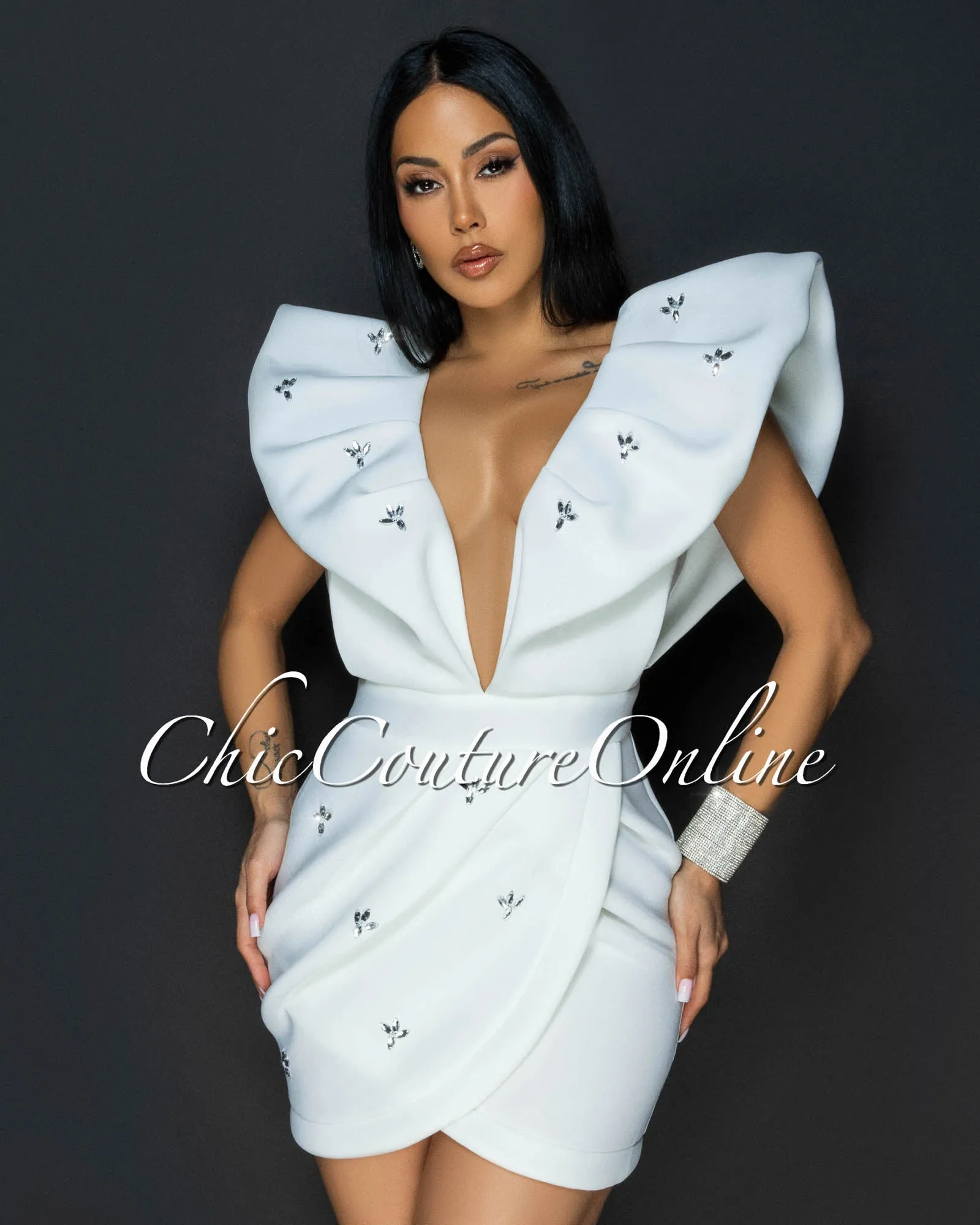 Rafalle Off-White Rhinestones Accents Mini Ponti Dress sold by Chic Couture product image thumbnail 3