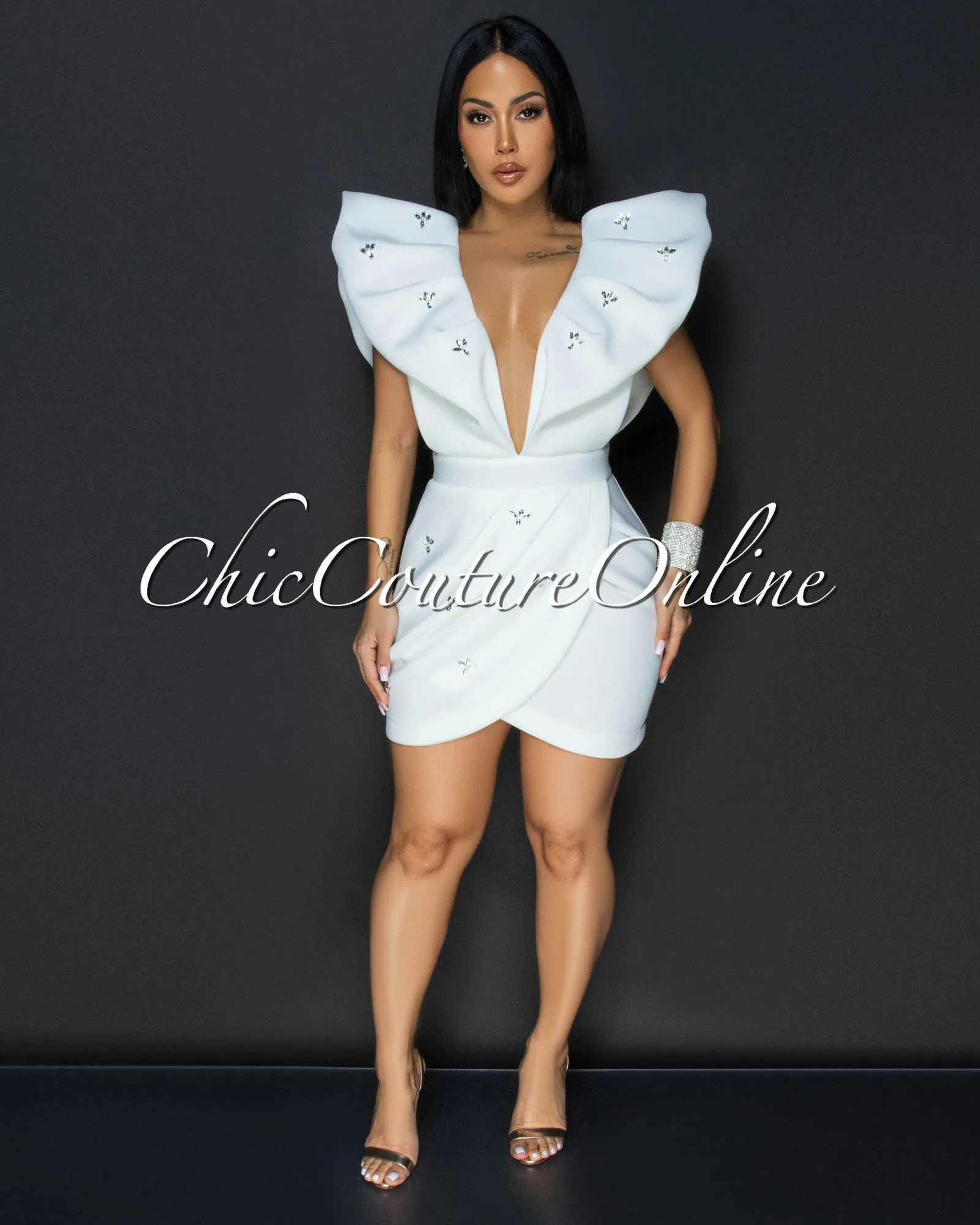 Rafalle Off-White Rhinestones Accents Mini Ponti Dress sold by Chic Couture product image thumbnail 2