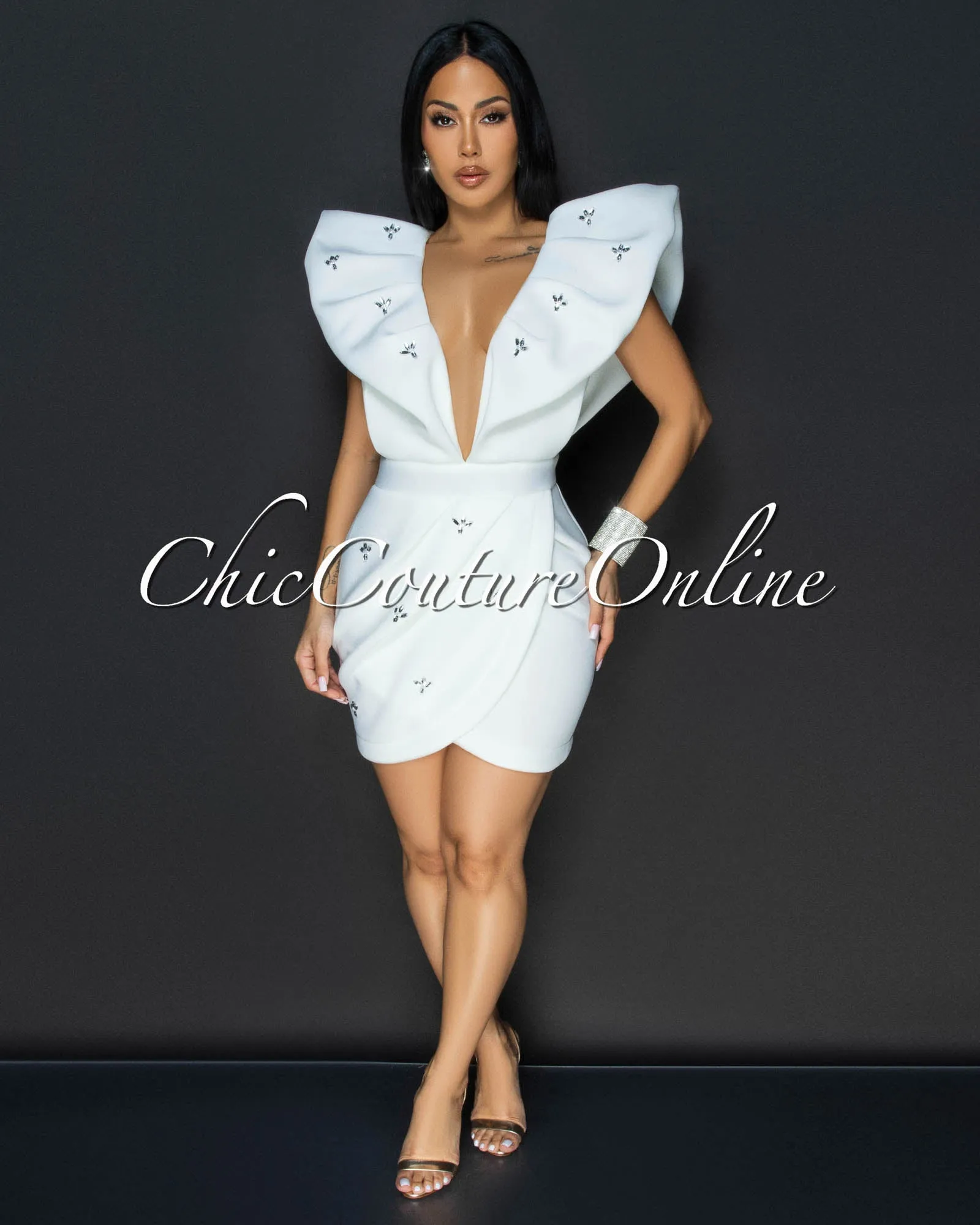 Rafalle Off-White Rhinestones Accents Mini Ponti Dress sold by Chic Couture