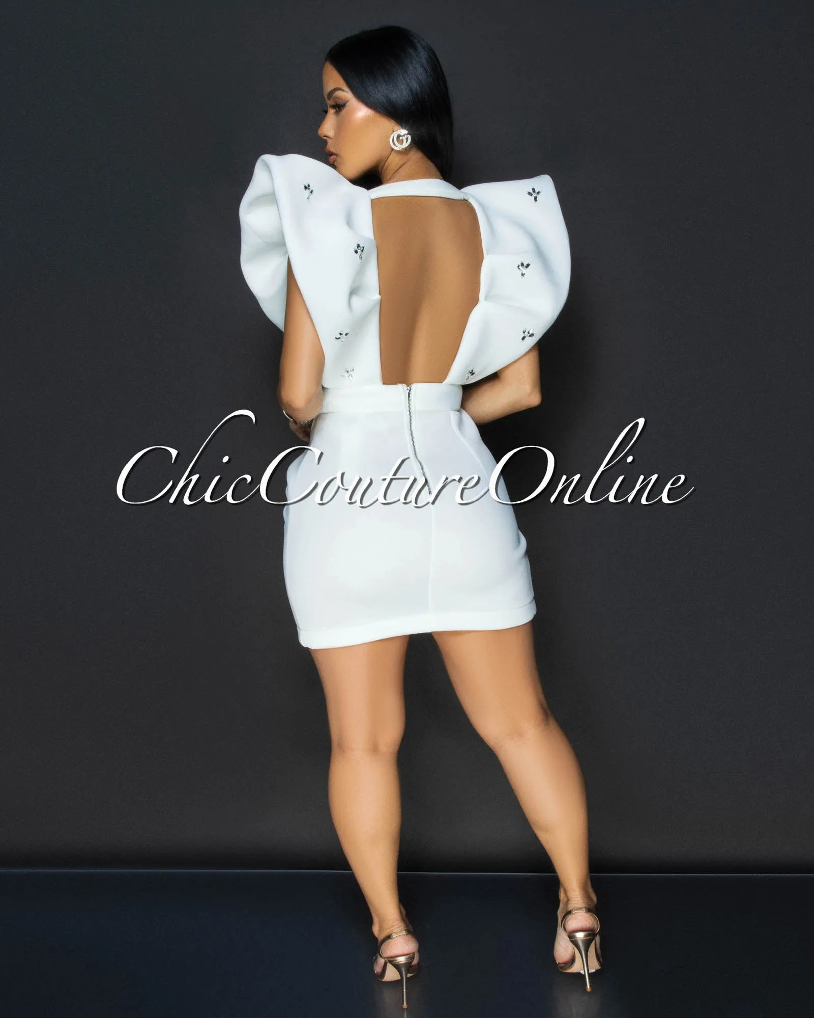 Rafalle Off-White Rhinestones Accents Mini Ponti Dress sold by Chic Couture product image thumbnail 4