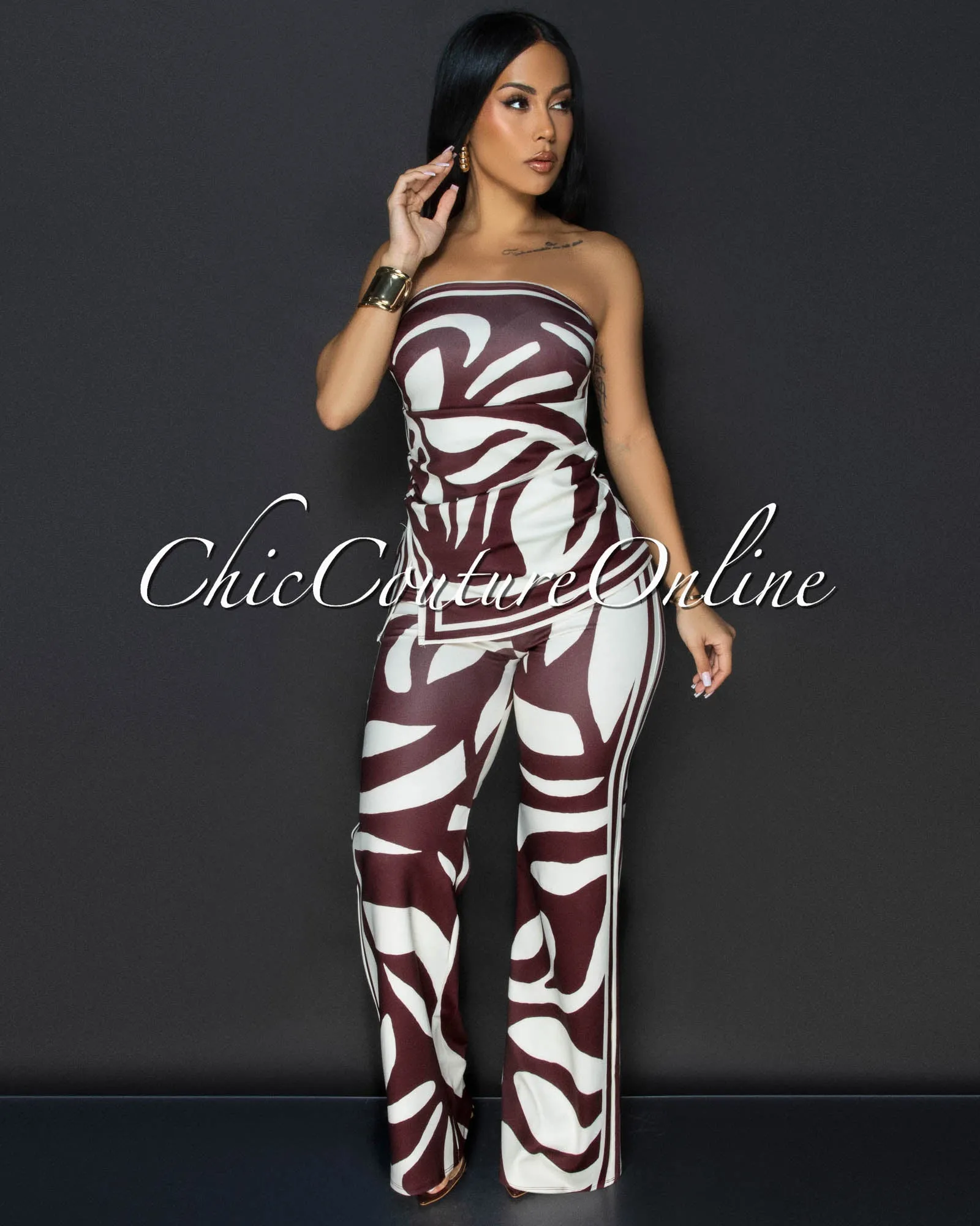 Jenelle Brown Cream Print Top & Pants Set sold by Chic Couture product image thumbnail 2