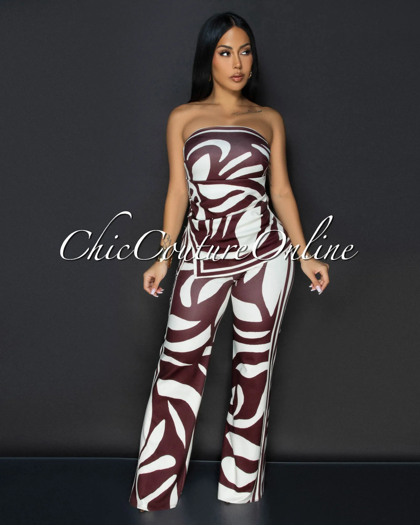 Jenelle Brown Cream Print Top & Pants Set sold by Chic Couture