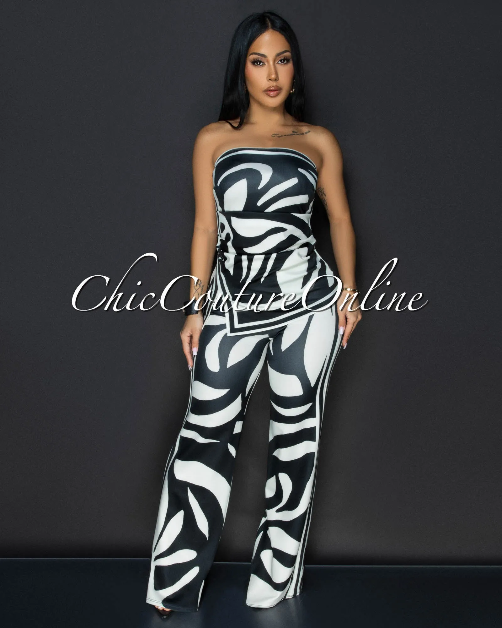 Jenelle Black Cream Print Top & Pants Set sold by Chic Couture