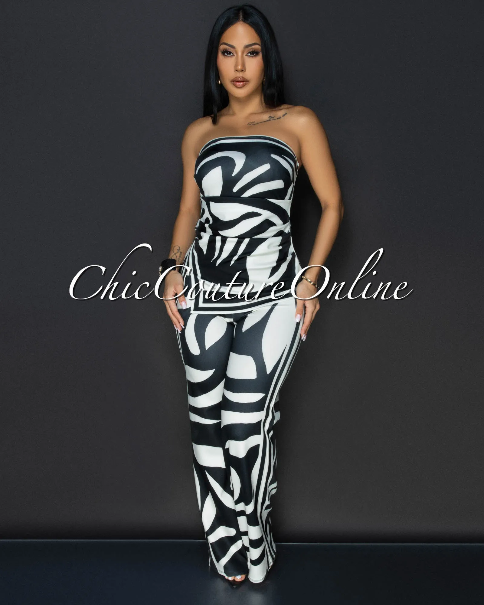 Jenelle Black Cream Print Top & Pants Set sold by Chic Couture product image thumbnail 2