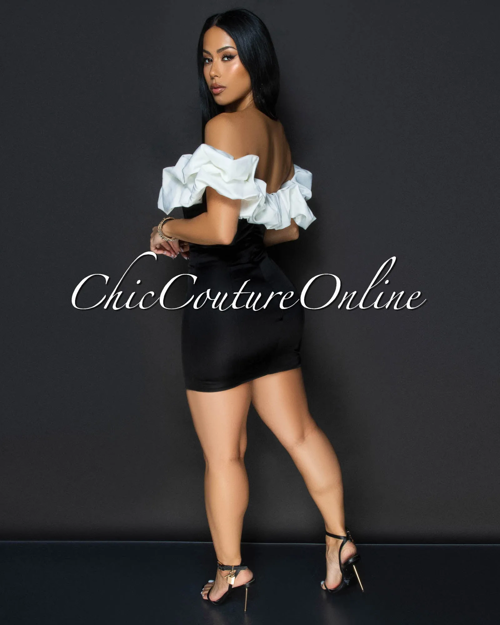 Cassana Black Off-White Ruffle Top Mini Dress sold by Chic Couture product image thumbnail 4