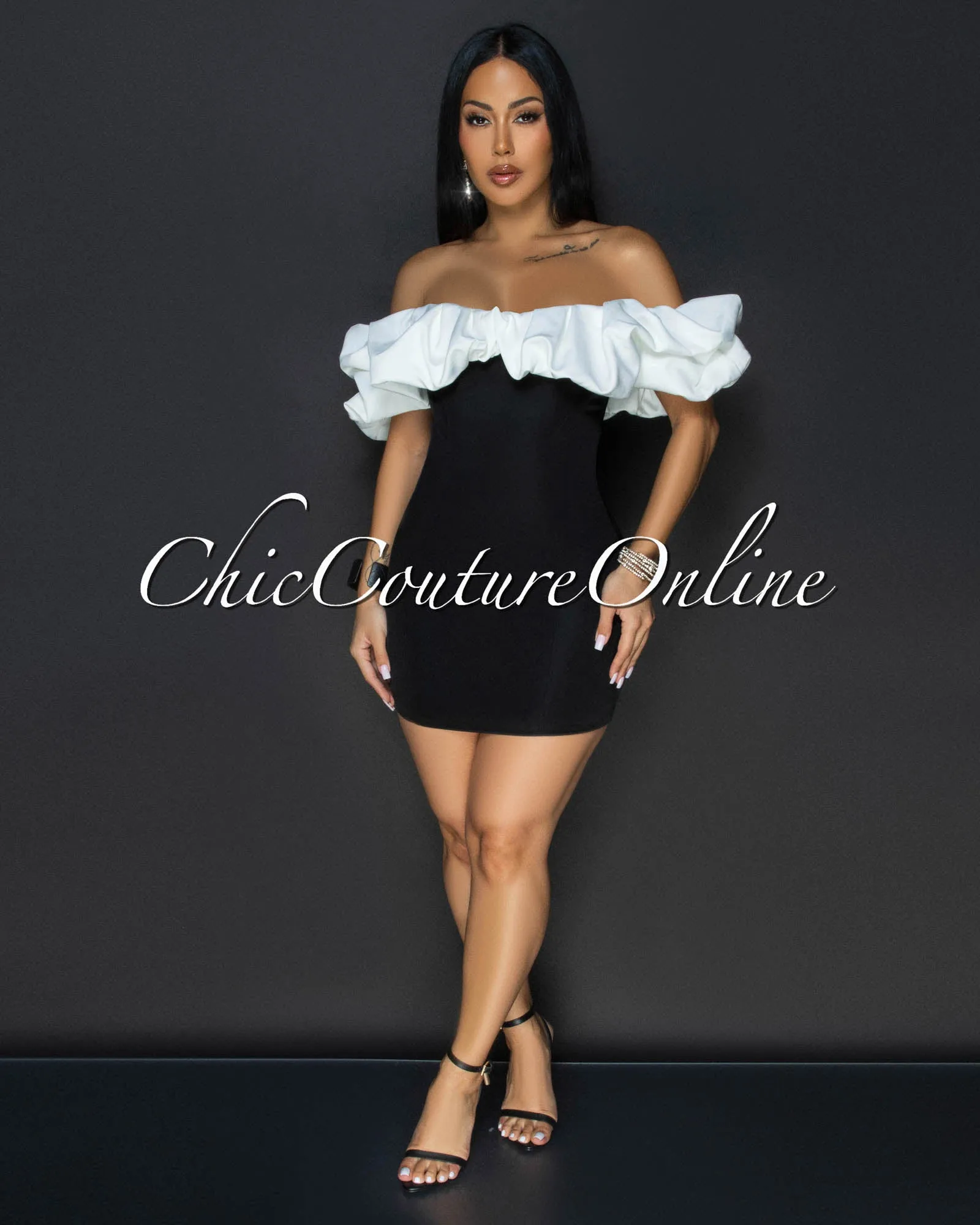 Cassana Black Off-White Ruffle Top Mini Dress sold by Chic Couture product image thumbnail 2