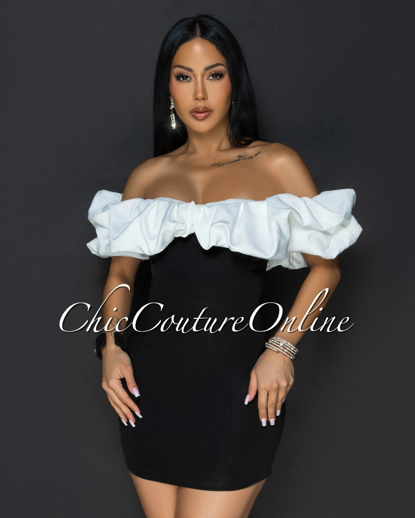 Cassana Black Off-White Ruffle Top Mini Dress sold by Chic Couture product image thumbnail 3