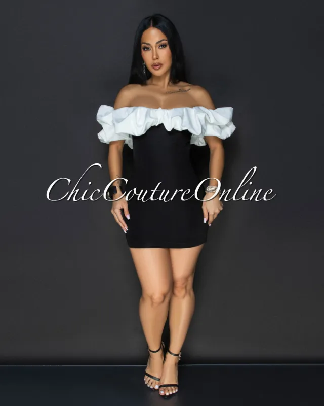 Cassana Black Off-White Ruffle Top Mini Dress sold by Chic Couture