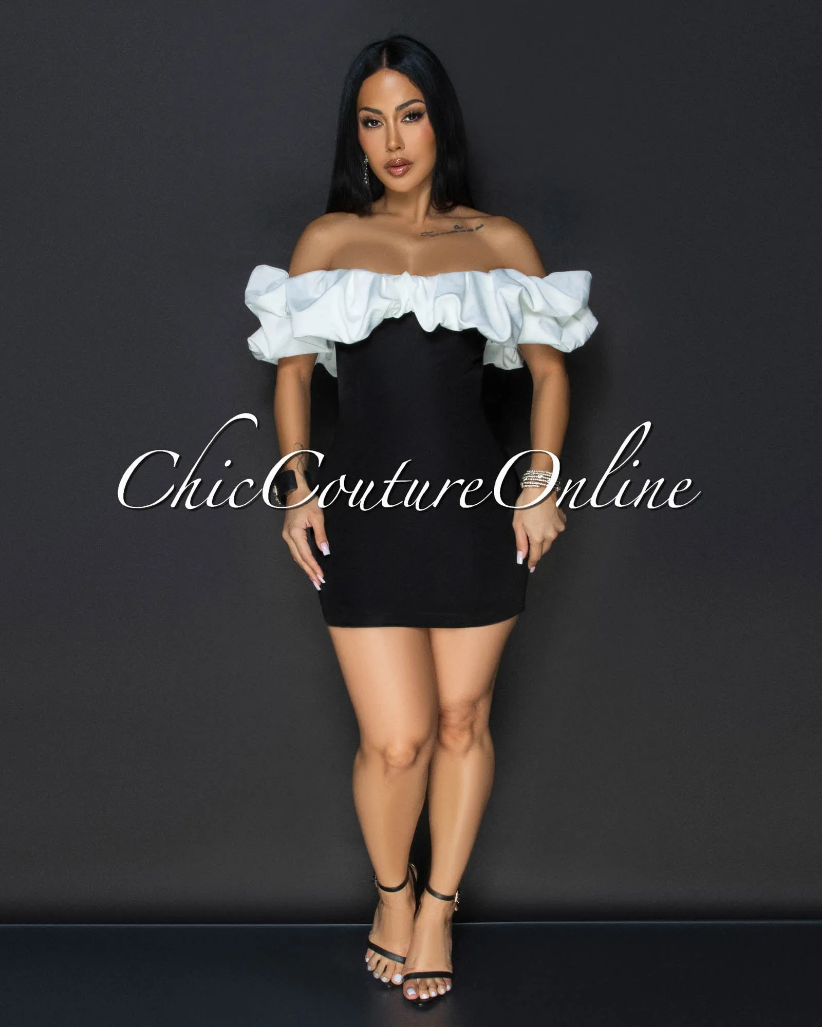 Cassana Black Off-White Ruffle Top Mini Dress sold by Chic Couture