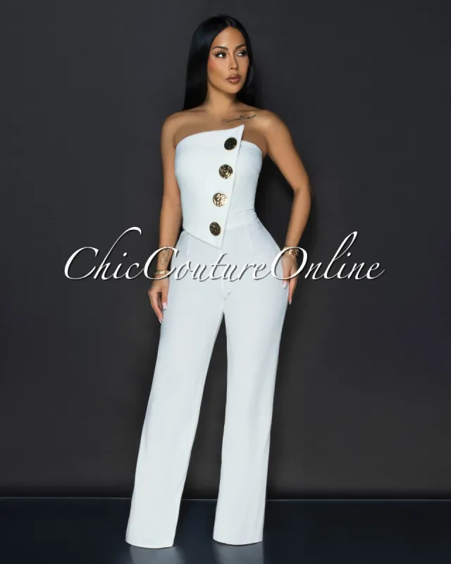 Amiri Off-White Gold Accent Button Strapless Jumpsuit sold by Chic Couture