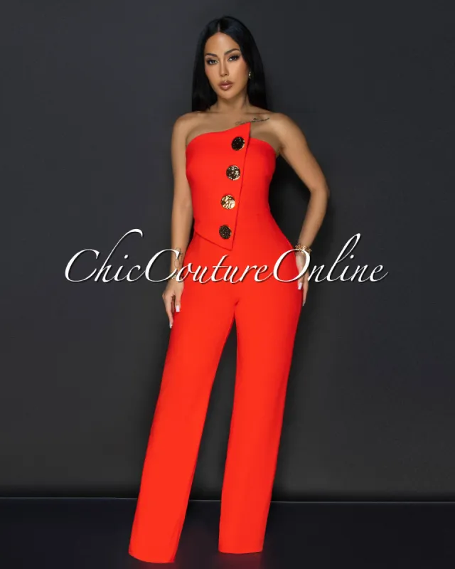 Amiri Orange Gold Accent Button Strapless Jumpsuit sold by Chic Couture