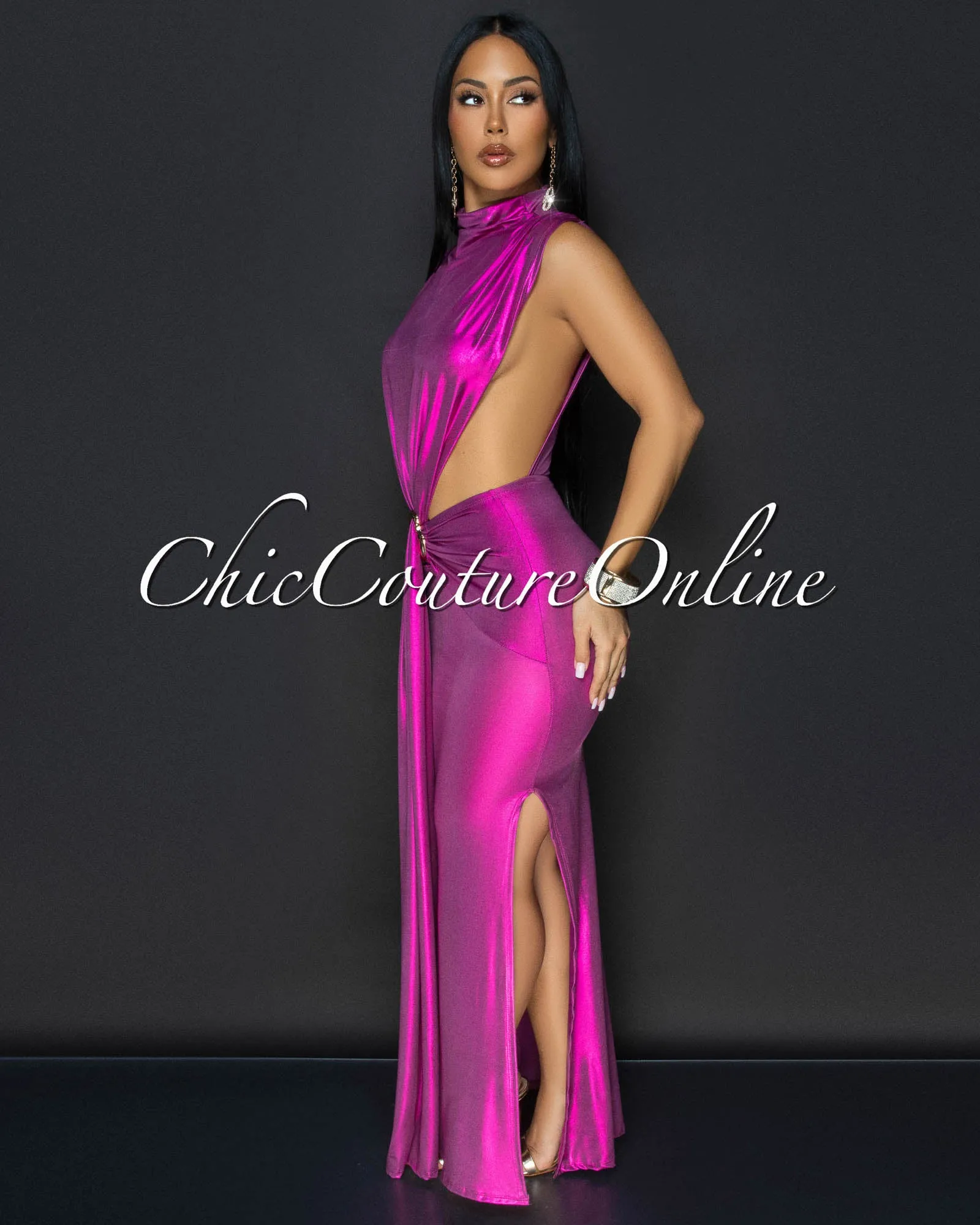 Avaline Fuchsia Shimmer Open Sides Maxi Dress sold by Chic Couture product image thumbnail 2