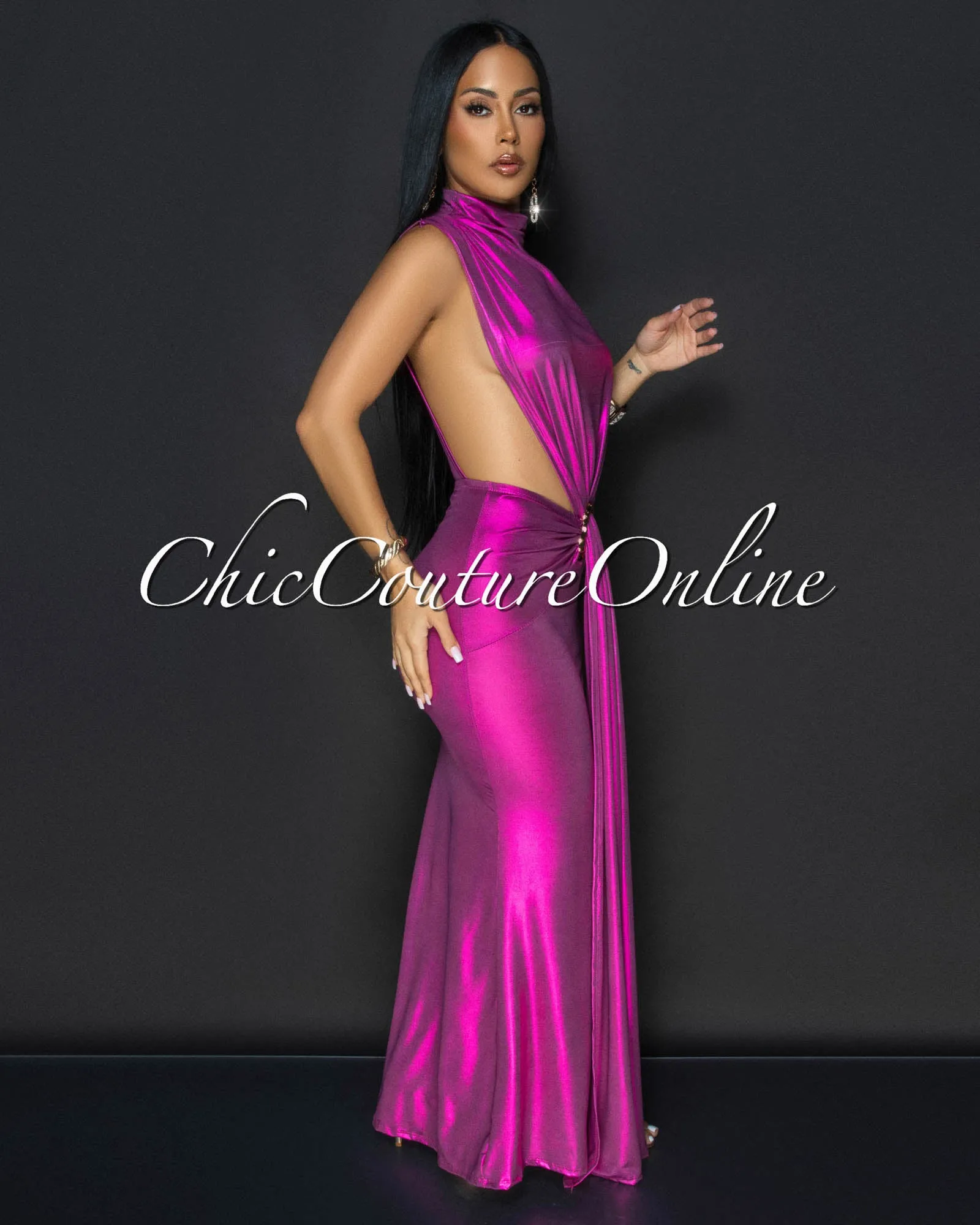Avaline Fuchsia Shimmer Open Sides Maxi Dress sold by Chic Couture product image thumbnail 3