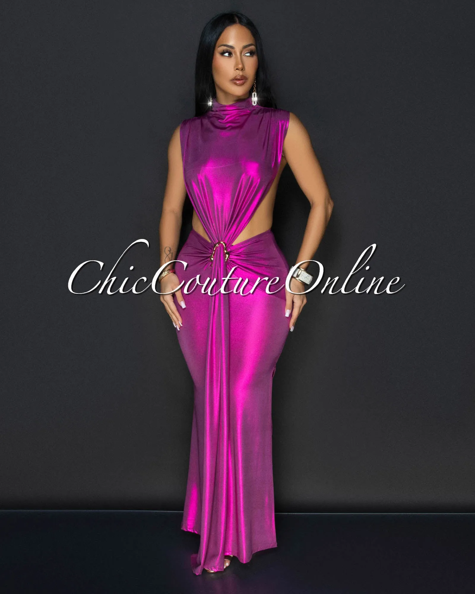 Avaline Fuchsia Shimmer Open Sides Maxi Dress sold by Chic Couture