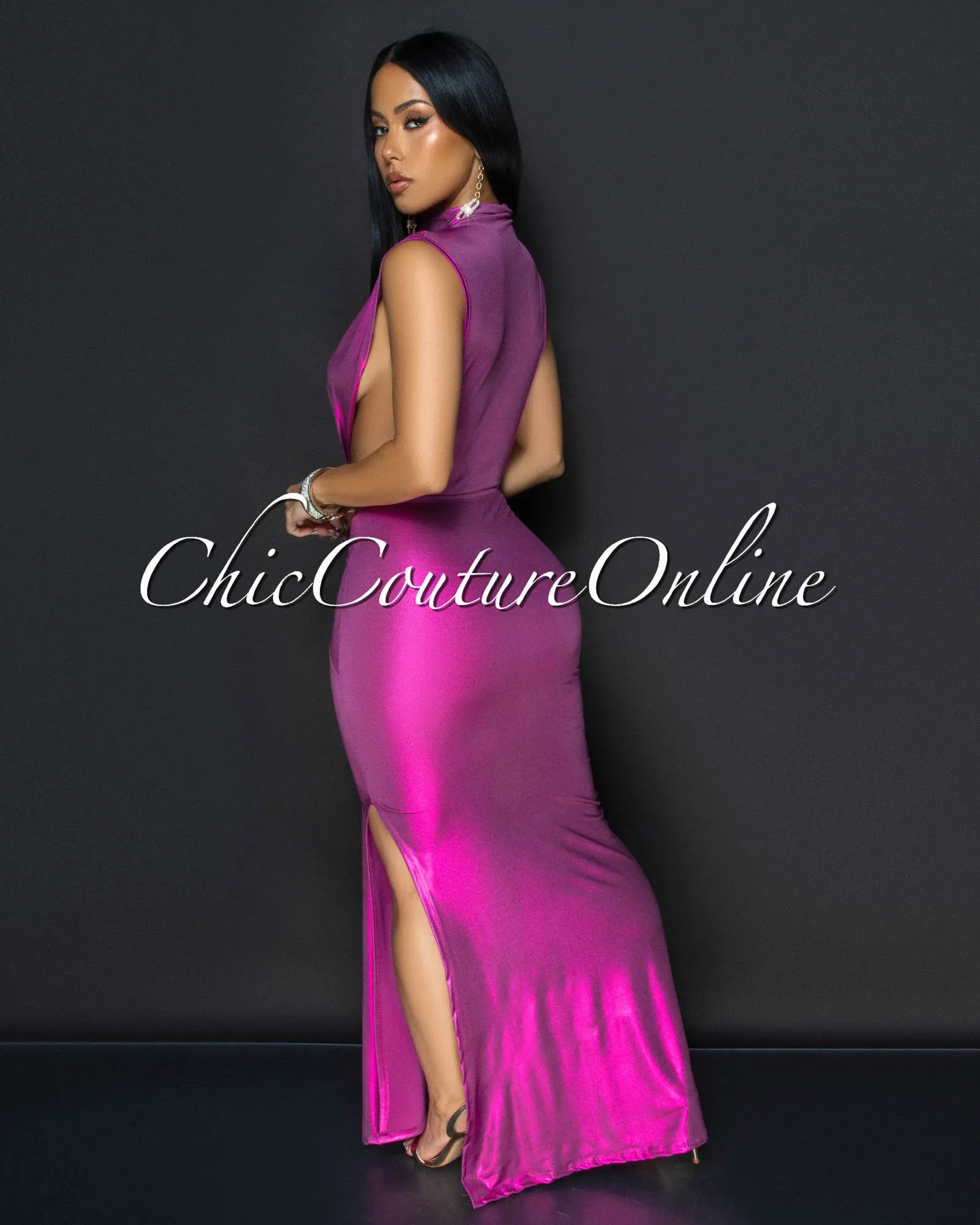 Avaline Fuchsia Shimmer Open Sides Maxi Dress sold by Chic Couture product image thumbnail 4