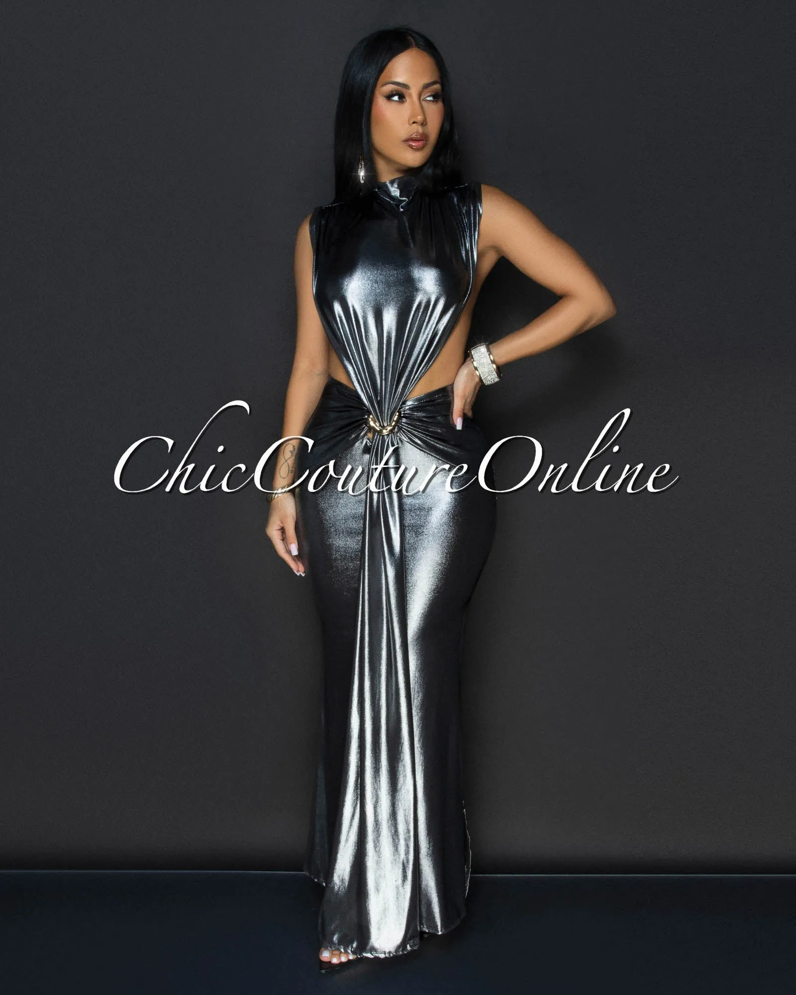 Avaline Pewter Shimmer Open Sides Maxi Dress sold by Chic Couture product image thumbnail 2