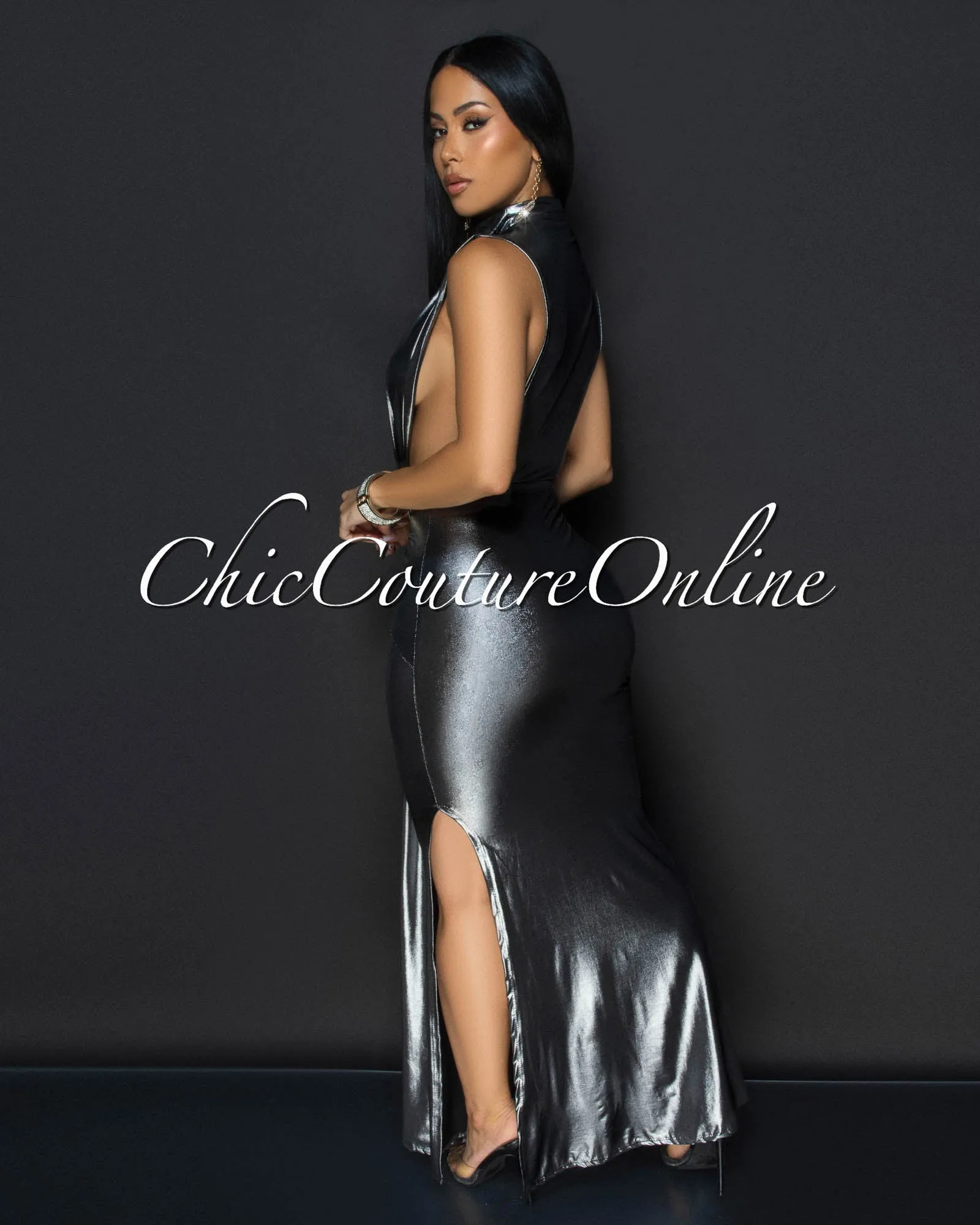 Avaline Pewter Shimmer Open Sides Maxi Dress sold by Chic Couture product image thumbnail 4