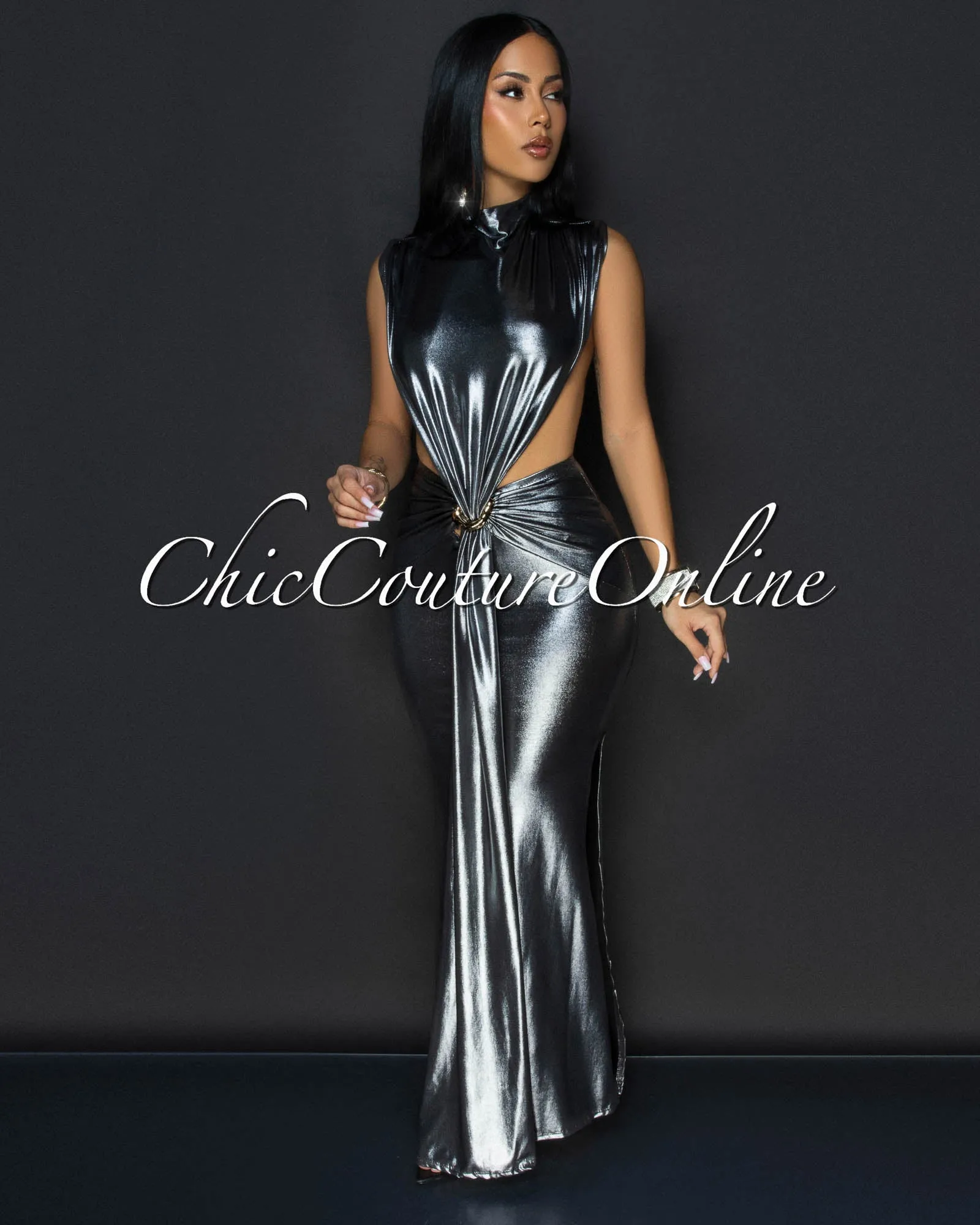 Avaline Pewter Shimmer Open Sides Maxi Dress sold by Chic Couture
